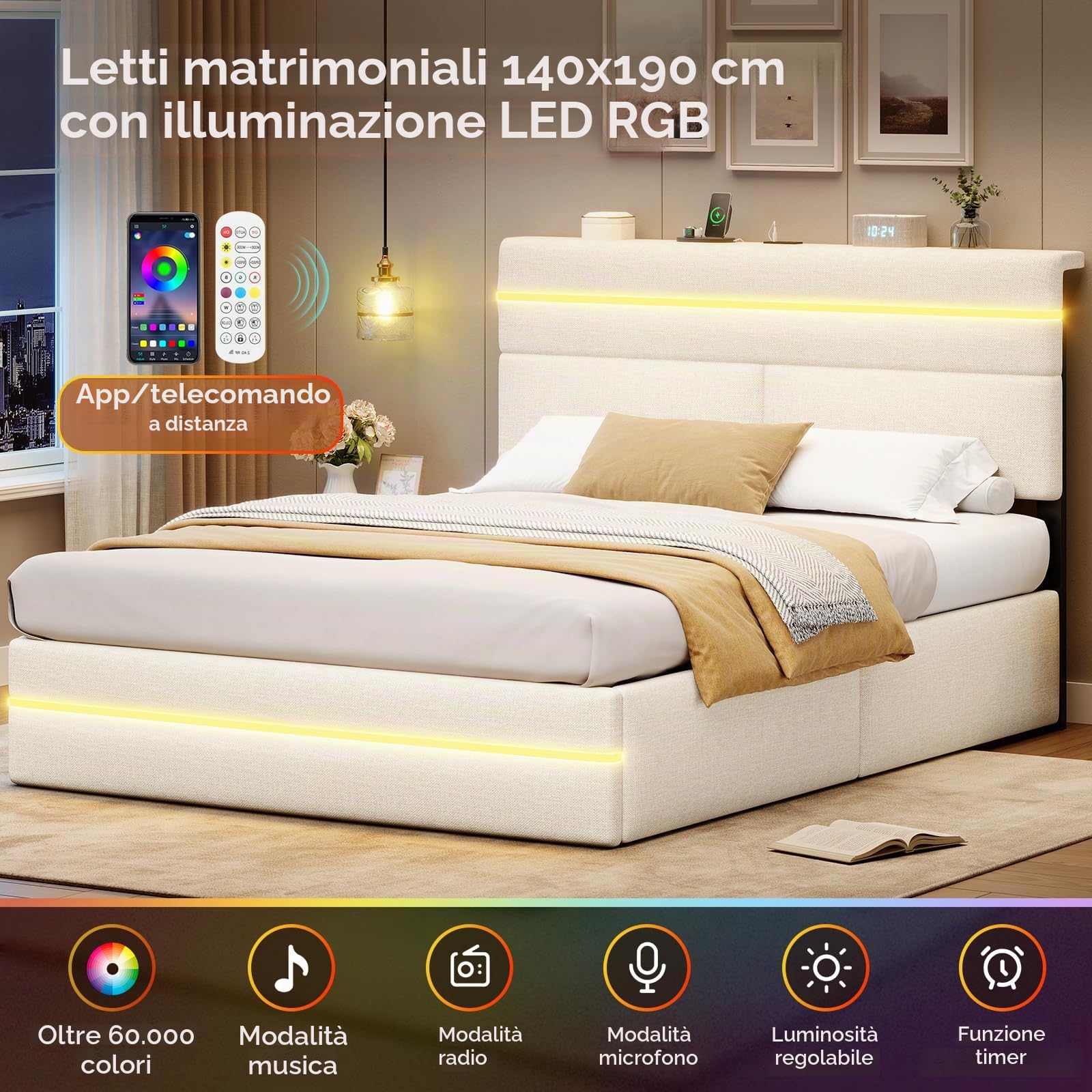AOGLLATI Letto Matrimoniale 140x190 con Contenitore, Letto Imbottito Beige
