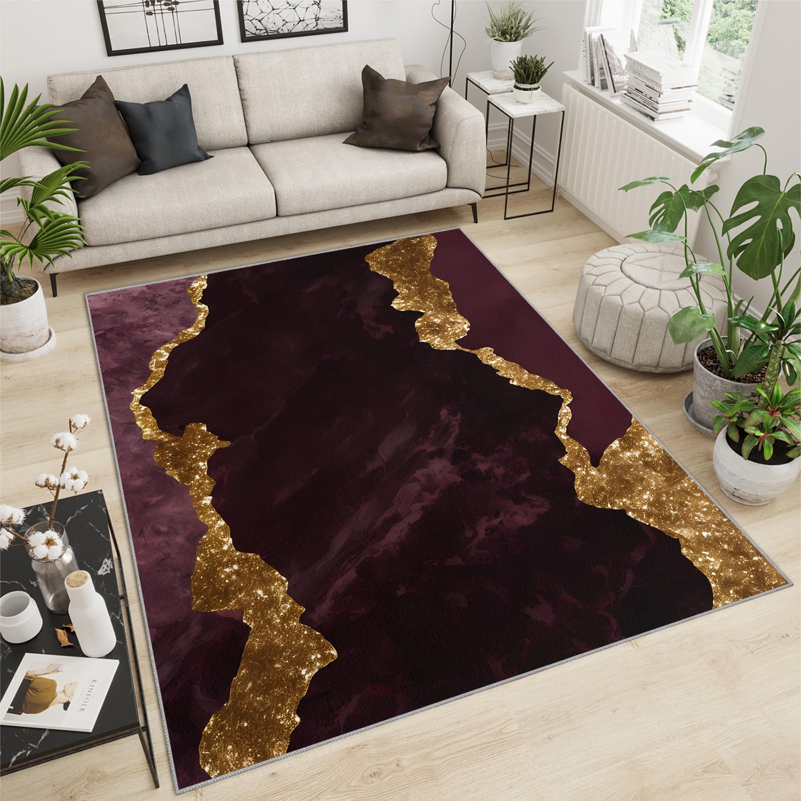 FACADUP Marble Small Rug 80x150cm Bath Rug Brown Purple Gold Foil Art Rug, Luxury Marble Rock Texture Rug, Non-slip Entryway Doormat Contemporary Throw Floor Mat for Room Coffee Chair Rug