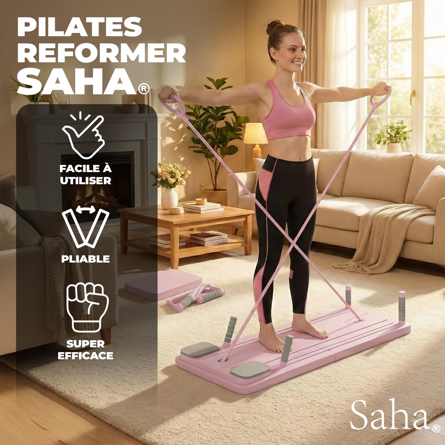 Saha Planche Pilates Reformer Rose Appareil Abdos Fitness Maison Bandes Résistance Poignées Timer Yoga Gainage Musculation