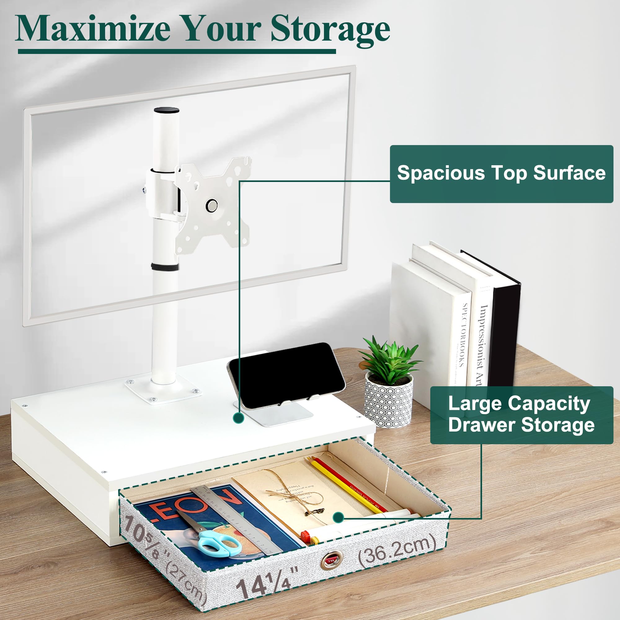 TEAMIX Monitor Stand Riser with Drawer, Free-Standing Desk Stand Mount Riser, Small TV Stand, Fits 13''-32