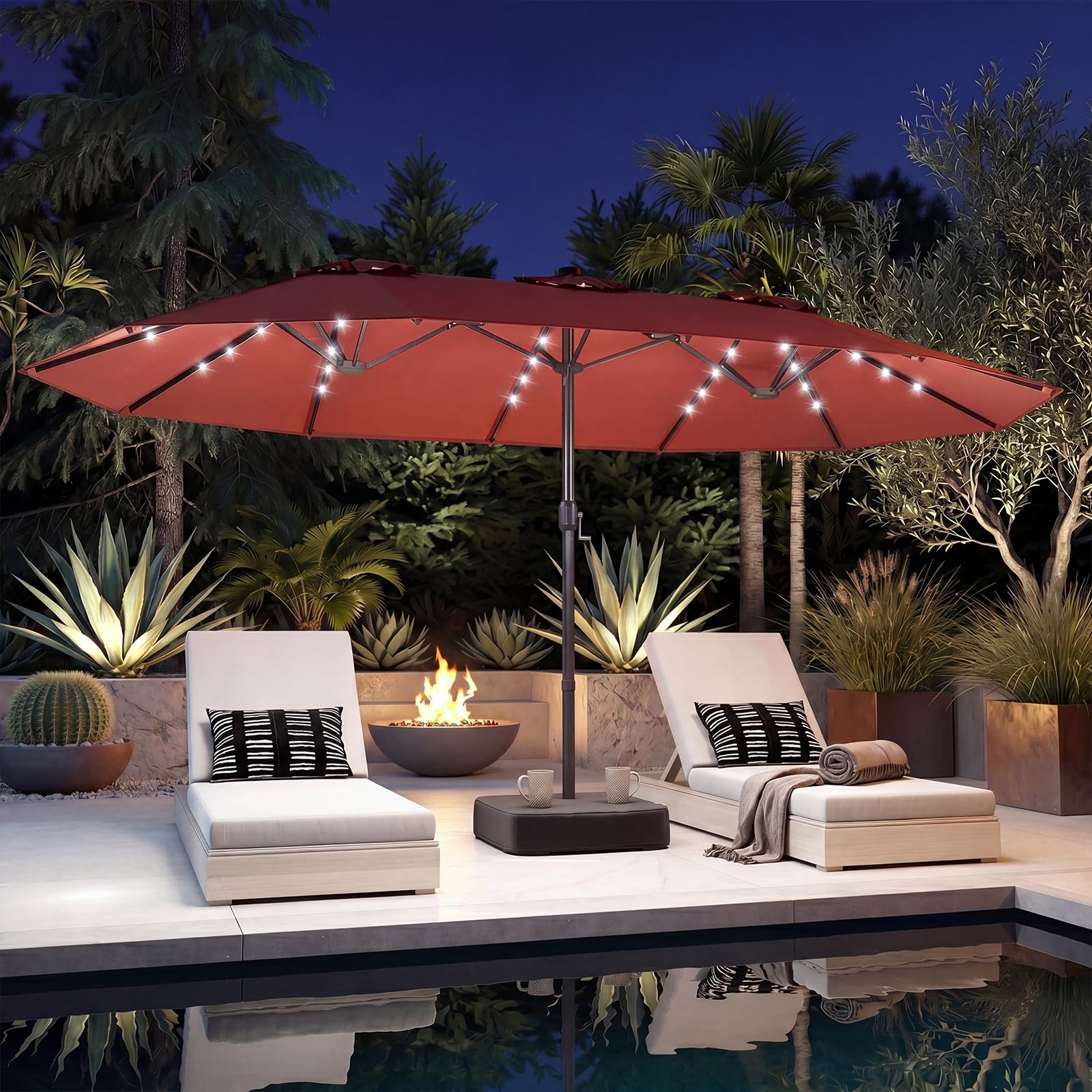GOPLUS Doppelsonnenschirm mit LED Beleuchtung, UV 50+, Sonnenschirm mit Ständer, Balkonschirm groß 470 x 280 cm, Gartenshirm mit Kurbel & 12 Rippen, Marktschirm oval (Mit Ständer,Orange)