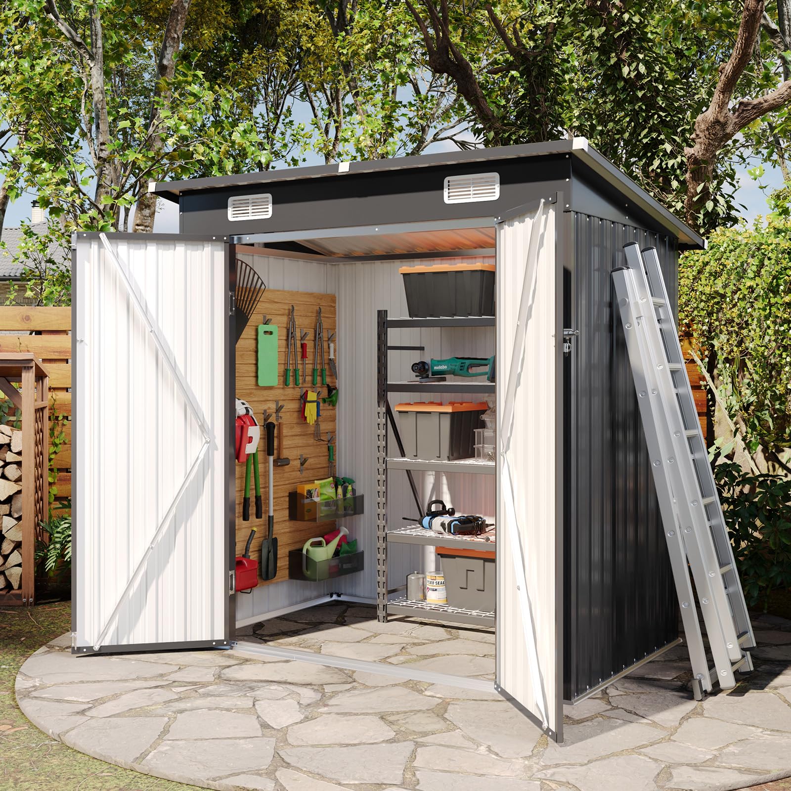 Aoxun 6x4 FT Metal Garden Shed Pent Roof Outdoor Storage Bike Shed