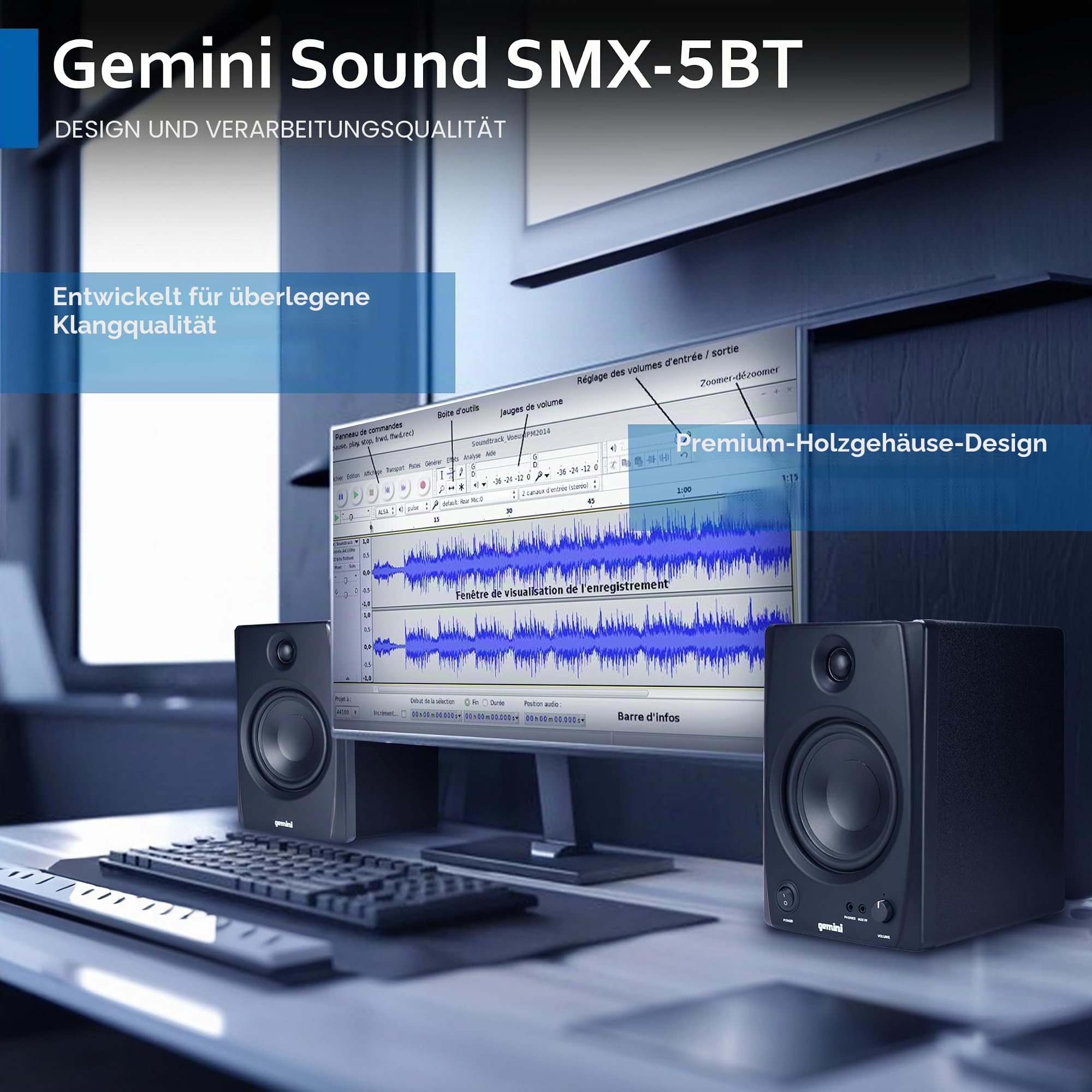 Gemini Sound SMX-5BT – 5”-Studio-Monitor mit Bluetooth – 200W Spitzenleistung, TRS/RCA/AUX-Eingänge, Akustik-Tuning, Aktiv/Passiv-Paar für Heimstudios, DJs und Musikproduktionen