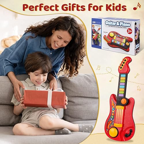 Miniatura 5 de Guitarra para niños, instrumentos musicales 2 en 1, piano para niños, juguete para niños pequeños, guitarras eléctricas con correa, juguetes