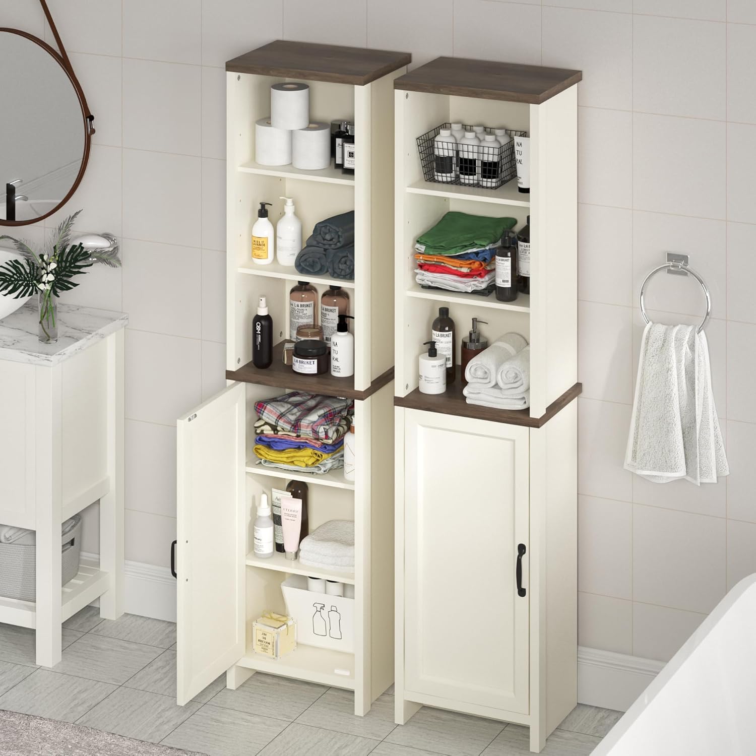 Tall Narrow Storage Cabinet for Bathroom, Linen Cabinet with Door & Adjustable Shelves, Slim Cabinet for Small Spaces, Freestanding Storage Organizer, Ivory