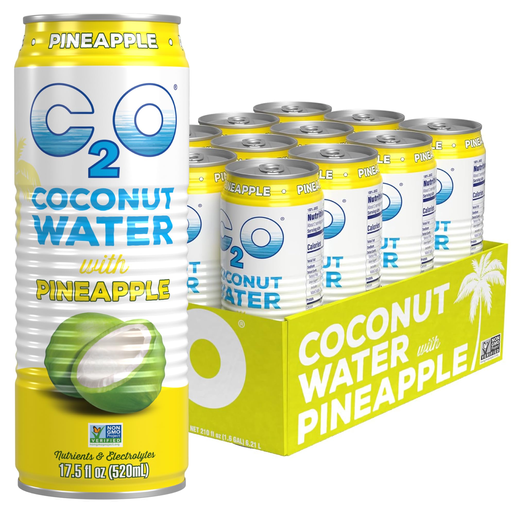 C2O - Coconut Water with Pineapple (12 Pack) - Made with Fresh Coconut Water - Plant Based - Non GMO - Canned Water - Natural Hydration, Essential