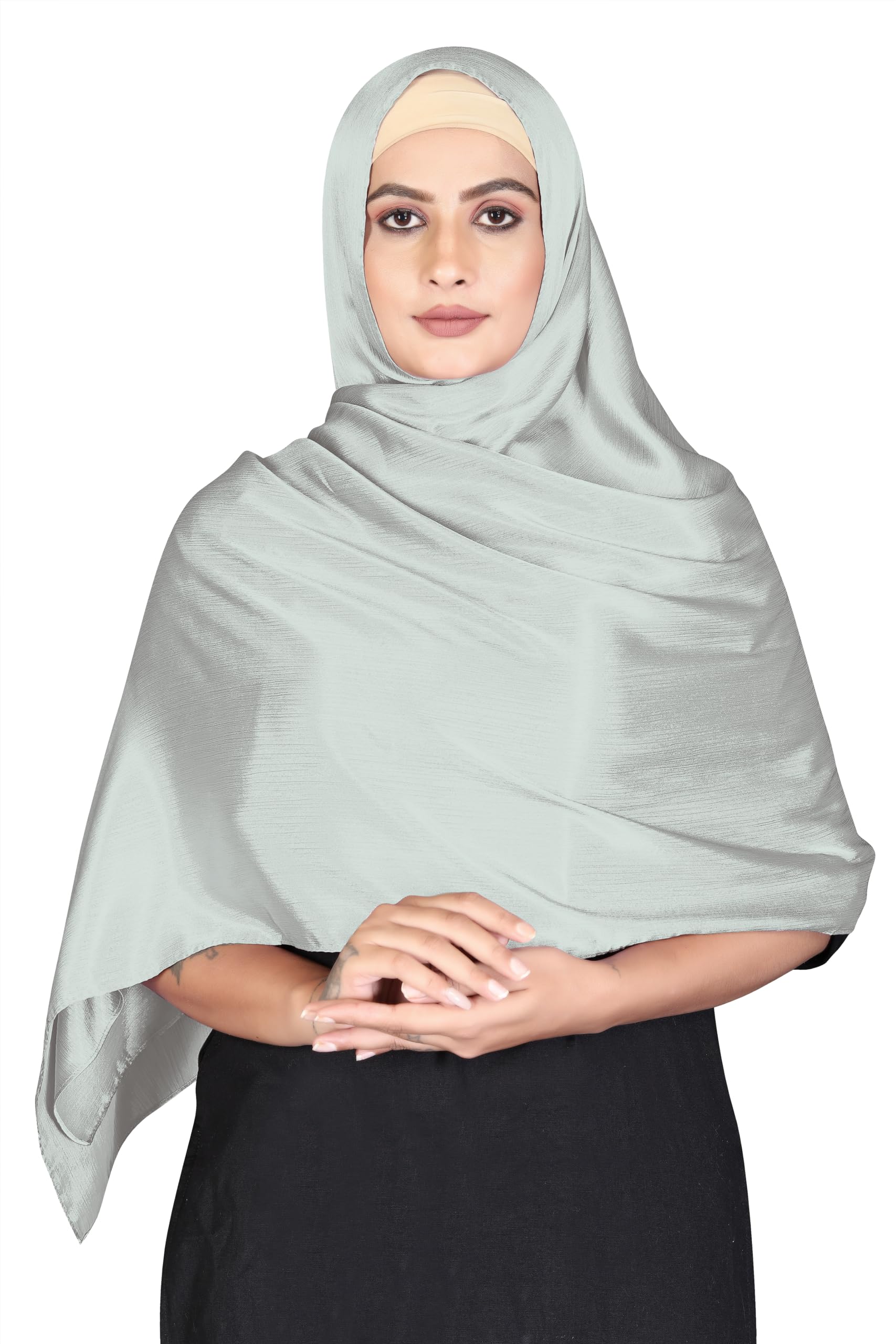 London Scarfs Satin Silk Shawls Muslim Solid Color Hijab Crinkled Scarf Women's Wraps Turban (Silver)