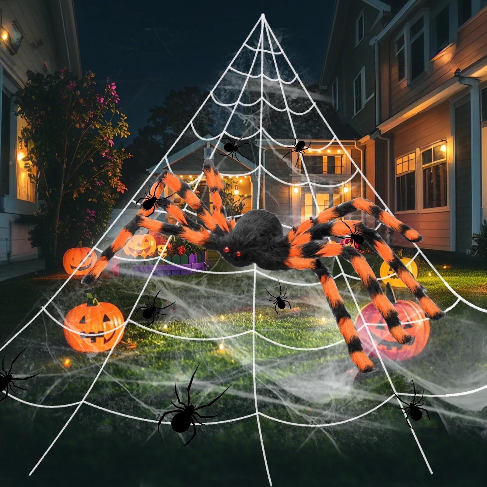 Oxnshejw Orange Halloween Spider Web Decorations, 1Pcs 50" Giant Spider 200" Triangular Spider Web 20Pcs Plastic Spiders, Large Hairy Spider Props Set Halloween Spider For Outdoor Indoor Party Decor (Orange)
