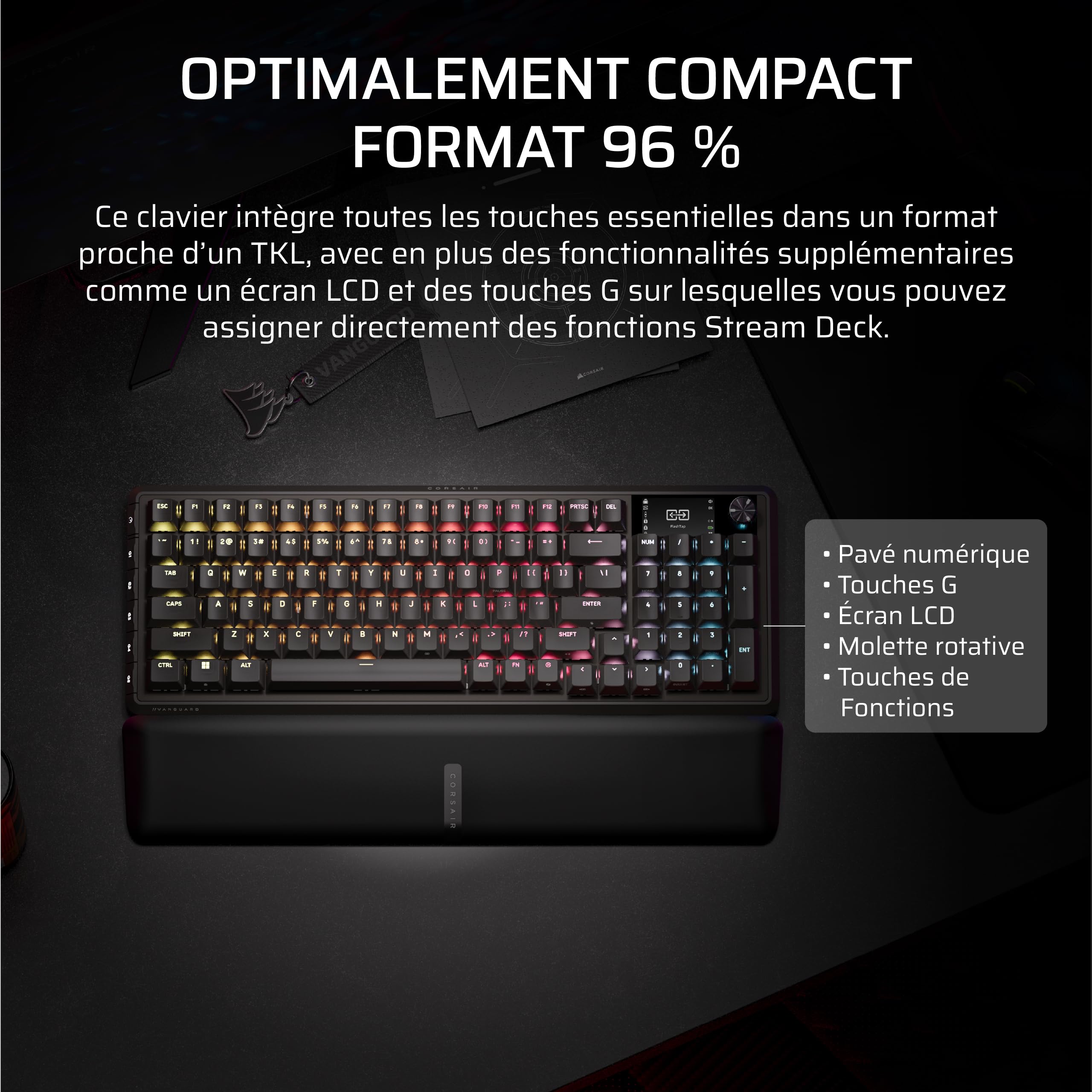 Corsair Vanguard 96 sans Fil Hall Effect Clavier de Jeu (AZERTY FR) – Noir | Magnétique Mécanique, 96%, MLX Plasma Commutateurs, Interrogation 8 000 Hz, Rapid Trigger, Stream Deck Virtuel, SOCD Flashtap