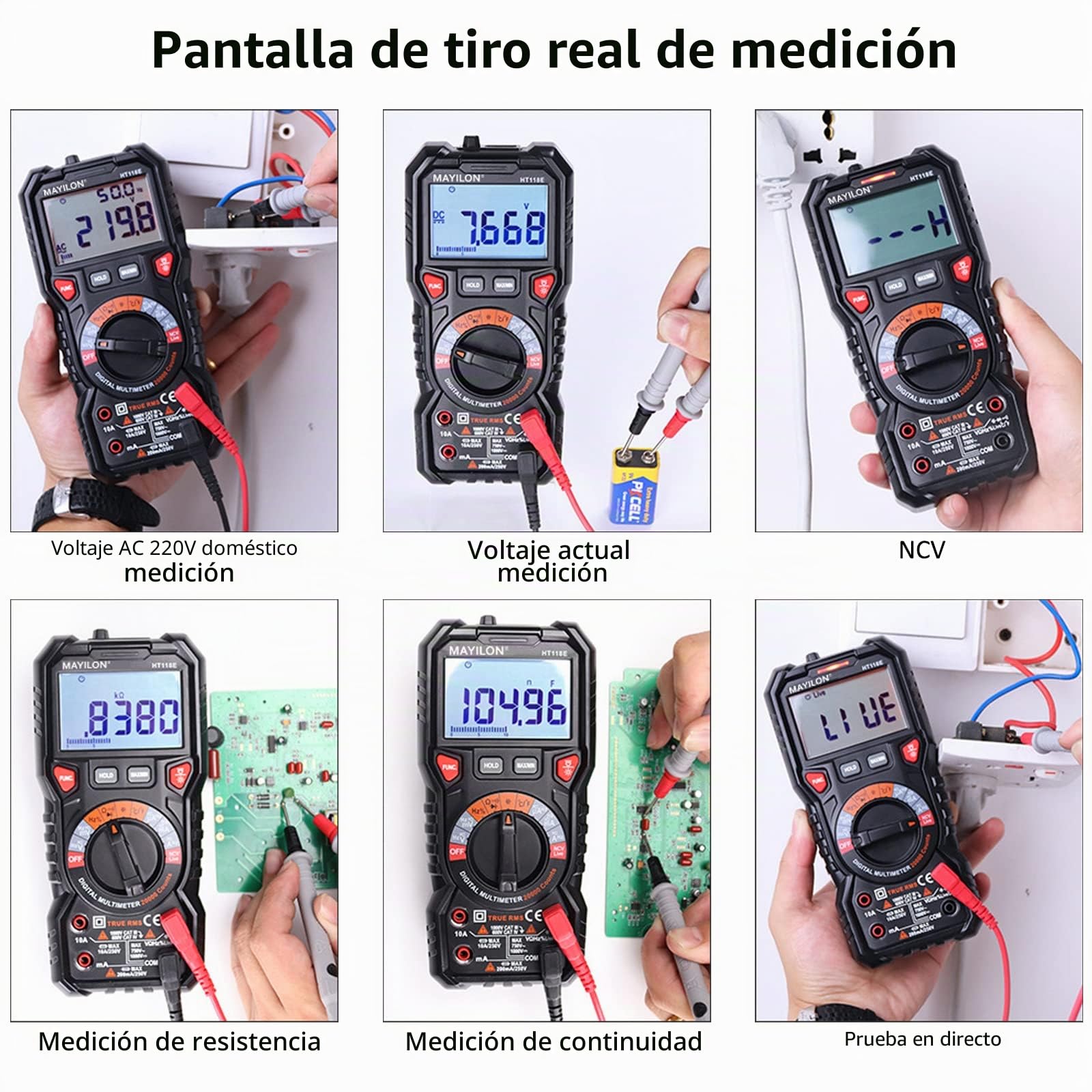HT118E Multimetro digital20000 Cuentas, Polimetro True RMS con NCV y Detección de Cable LIVE, Mide AC/DC Voltaje y Corriente, Temperatura, Capacitancia, Resistencia, Diodos, Continuidad, Frecuencia