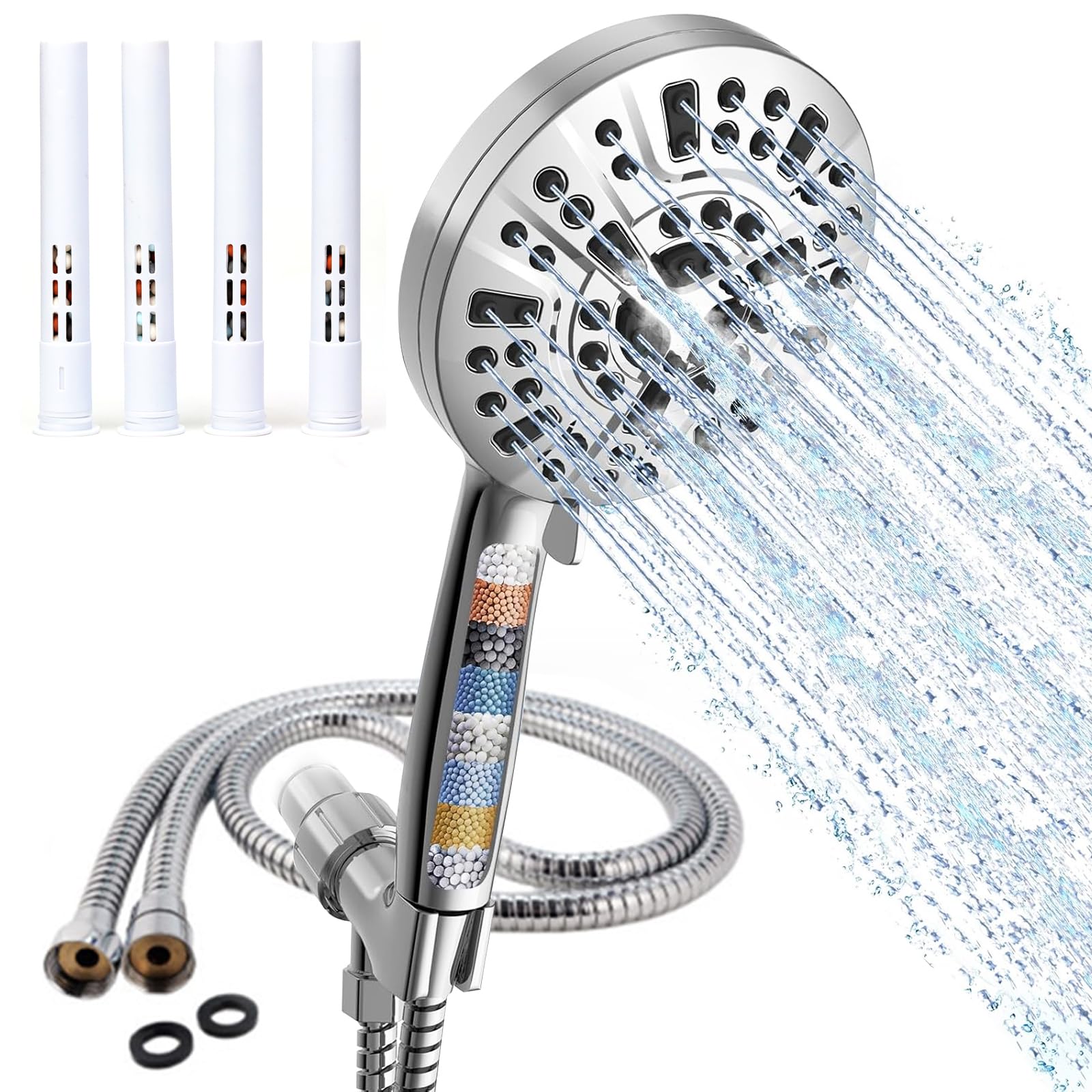 Taylorhe Silver 10 Function Powerful Hand Held High Pressure Shower Head And Hose Set Jet Spray Massage Mist Rinse Mode Filtered Shower Head (And 4 Extra Filters) And 1.5M Hose