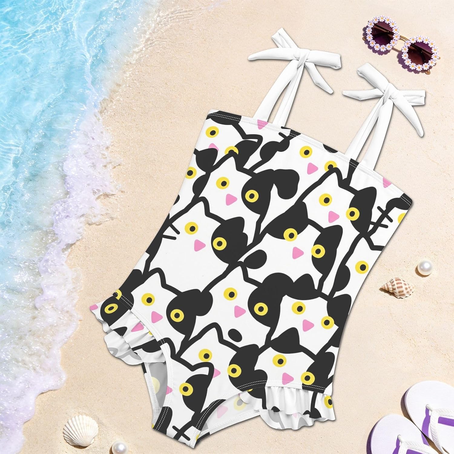 visesunny Toddler Girl Swimsuit Adjustable Strap Swimwear Crazy Milk Cat Bathing Suits for Girls 18M-6Y