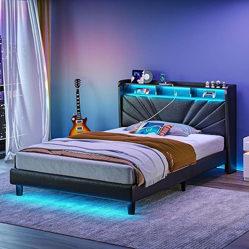 Miniatura 9 de Rolanstar Base de cama tamaño individual, cabecera de almacenamiento con estación de carga y luces LED, cama tapizada con listones de madera