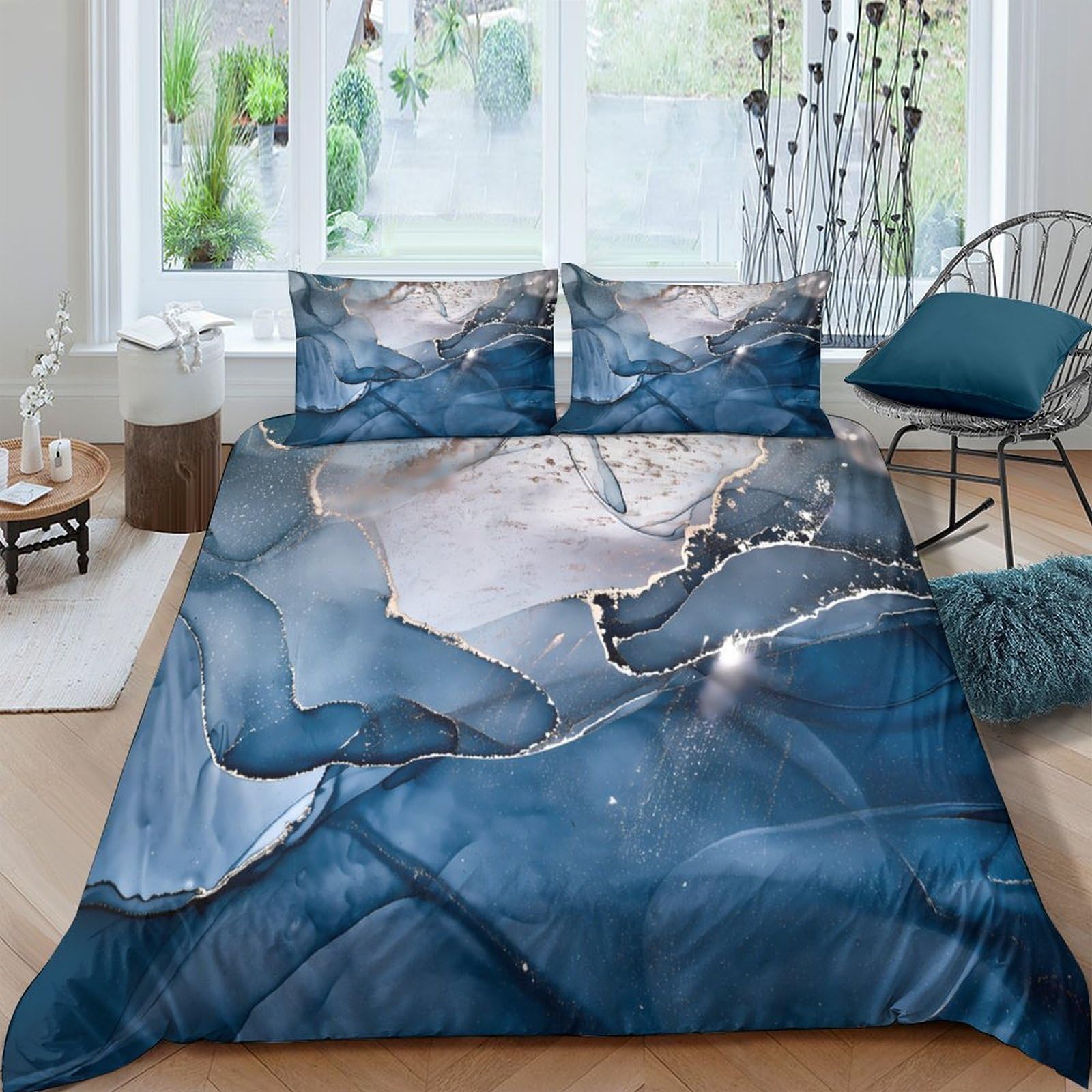 GPLZQXKJNH 3D Printed Blue Marble Duvet Cover Microfiber Soft Breathable Abstract Bedding Set with 2 Pillowcases for Bedroom Decor Single（135x200cm）