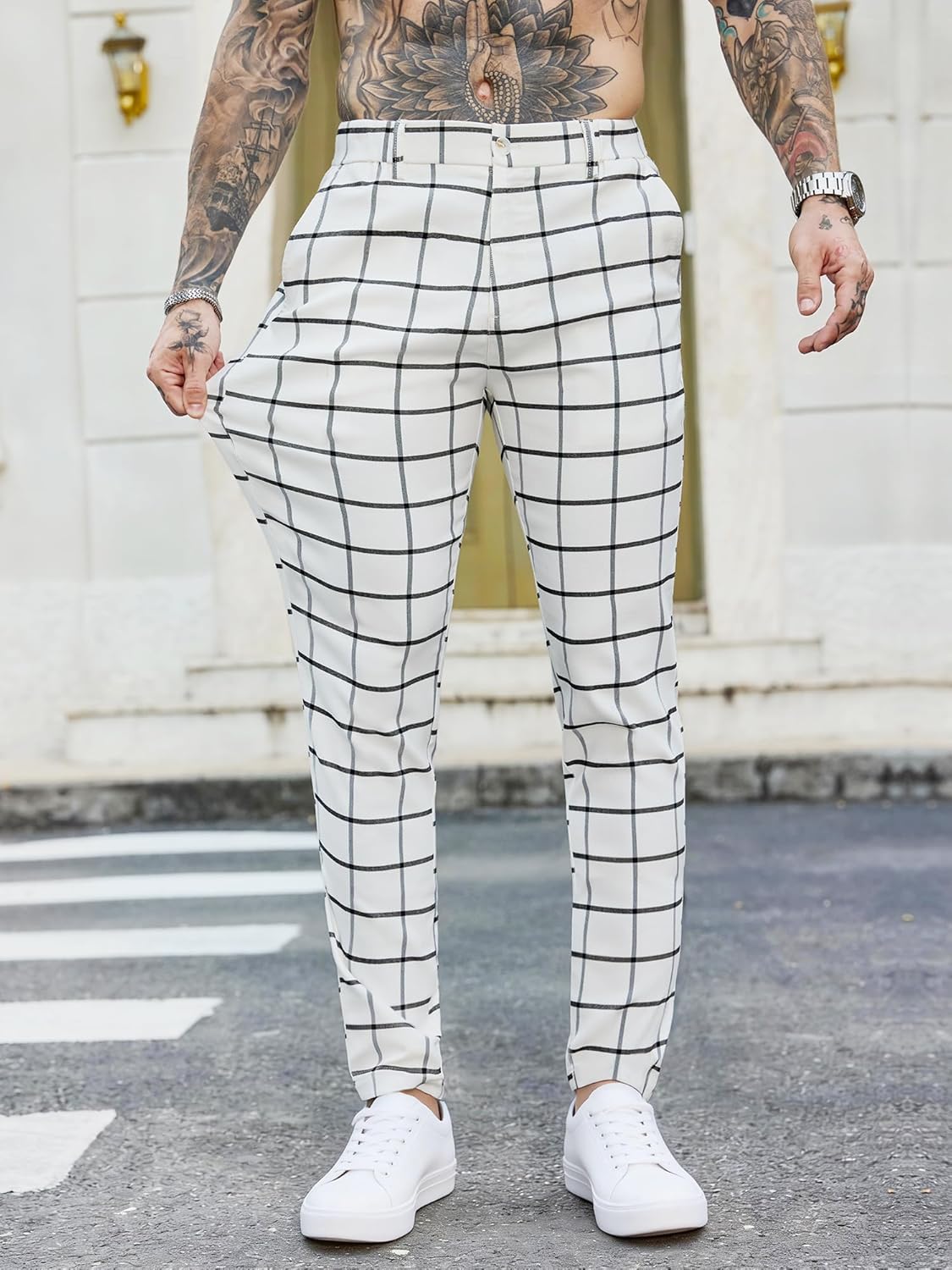 PLEPAN Men's Slim Fit Stretch Dress Pants Skinny Tapered Suit Trousers with Expandable Waist