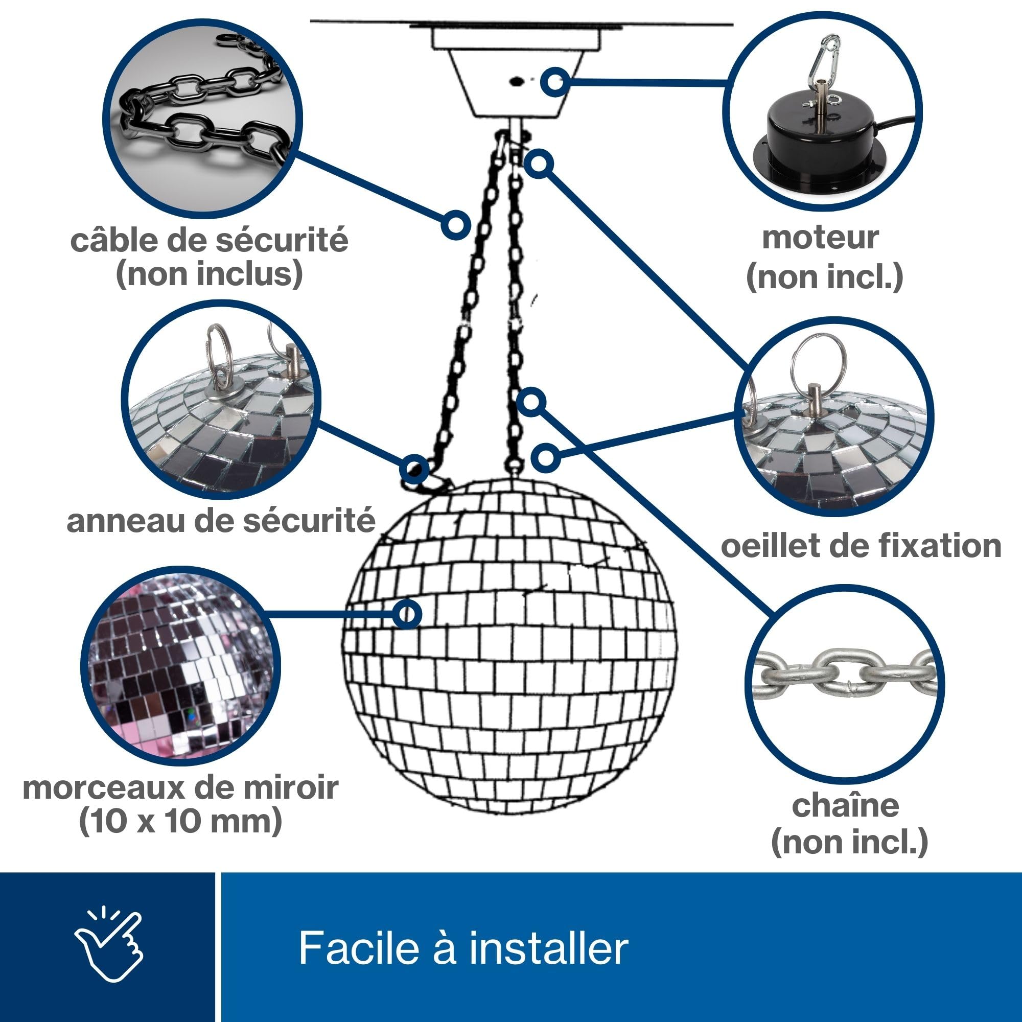 HQ-Power Boule à facettes disco Ø 30 cm, effets lumineux spectaculaires pour les fêtes, système de suspension sûr et verre à facettes, accessoire de piste de danse pour disco et plus