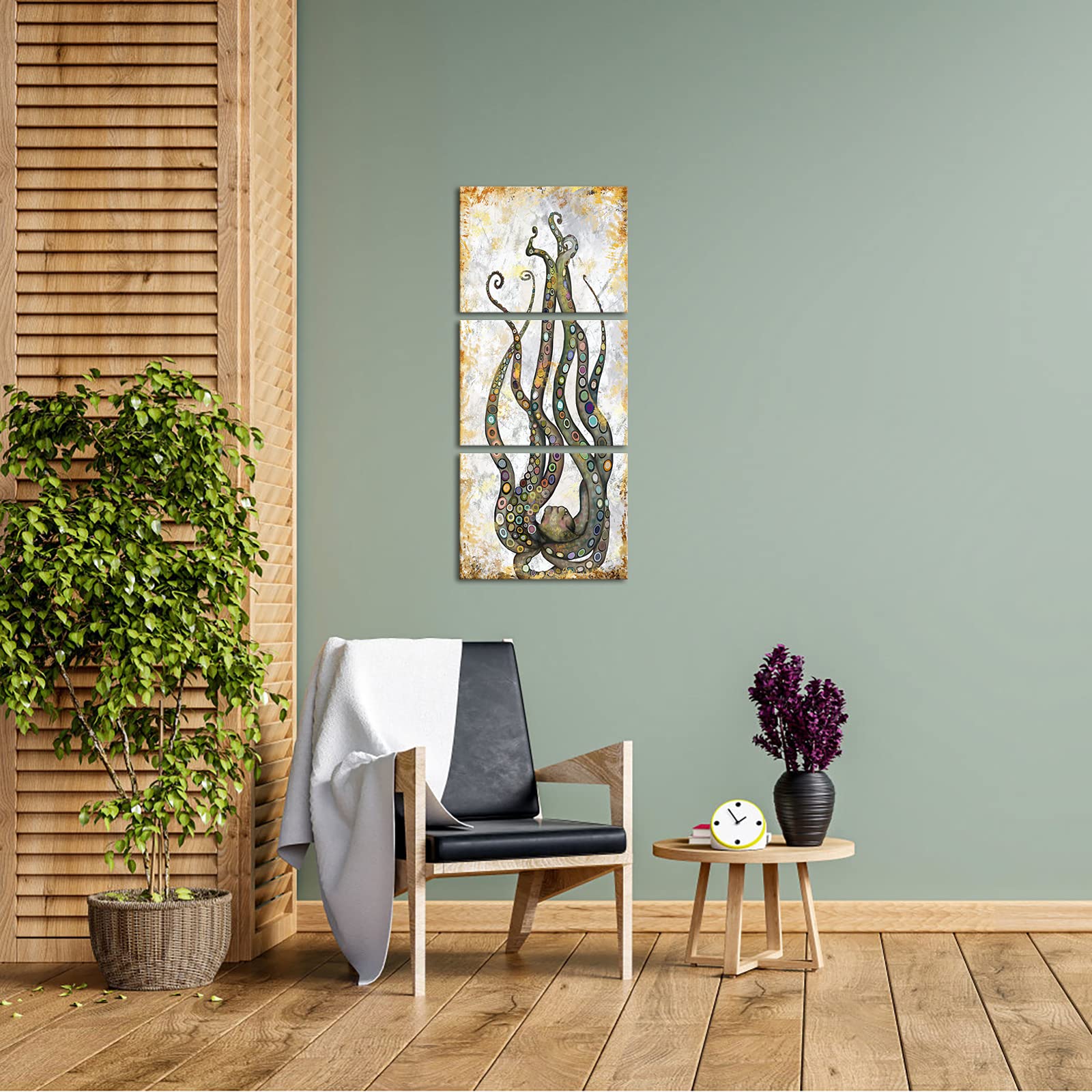 iKNOW FOTO 3 pcs Rustic Octopus Wall Art Painting Brown Marine Animal Picture Print On Canvas Ocean Life Poster for Bathroom Bedroom Home Decor Decoration Gift Easy to Hang Each Panel 12x16inch