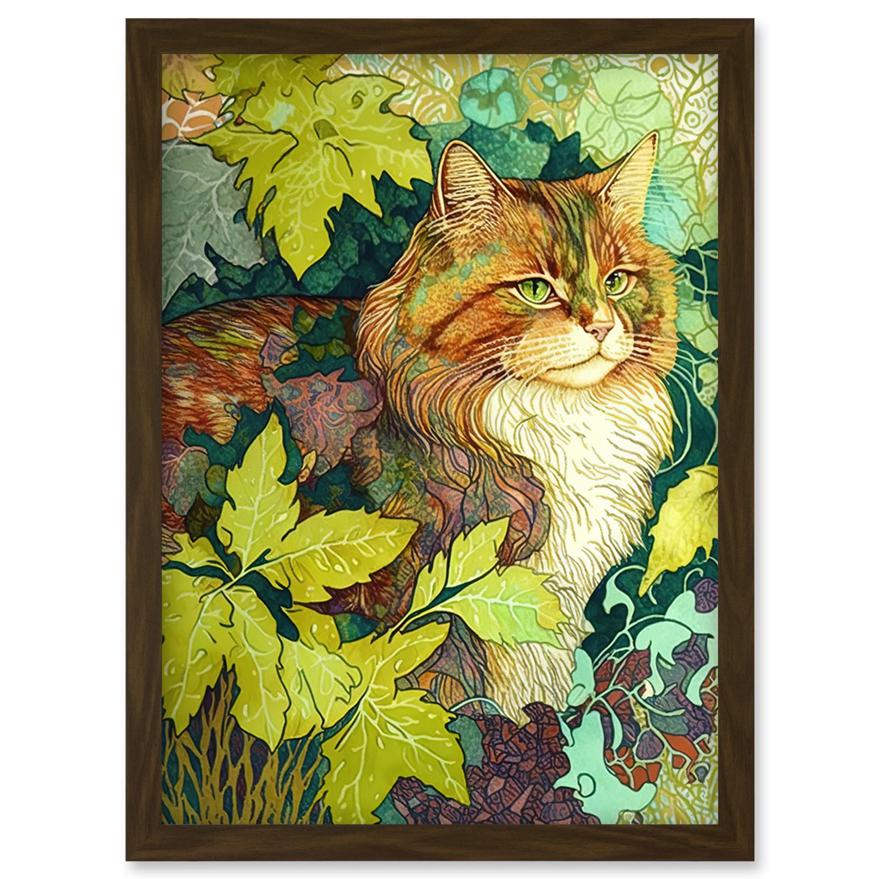 Ginger Cat in Bush Tree A4 Framed Wall Art Print - Colourful Illustration Artwork - Artery8