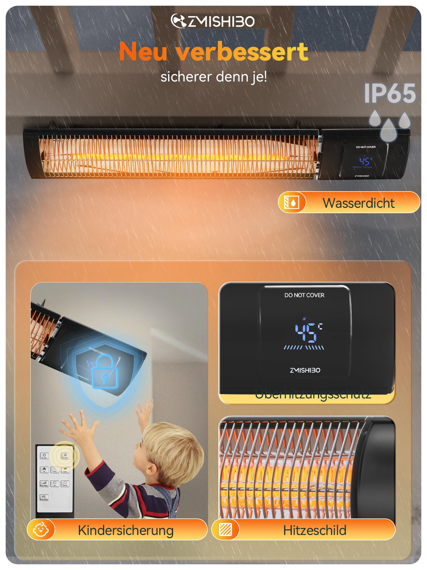 ZMISHIBO Infrarot Heizstrahler 2000W, 4 Heizstufen, IP65 für innen & außen, Wand- & Deckenmontage, mit APP, LED-Display, Fenster-Offen-Erkennung & Kindersicherung