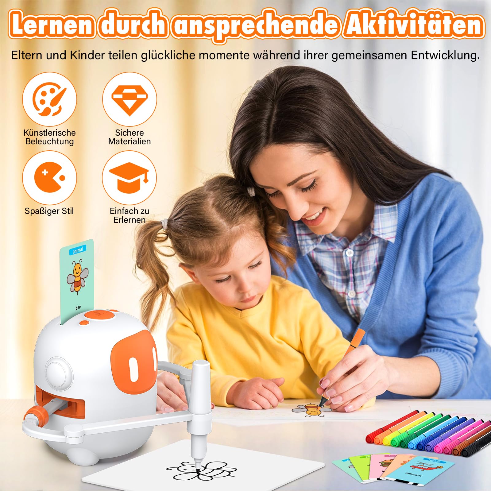Roboter Kinder, Zeichenroboter für Kinder mit Sprachfunktion - 100 Karten und Stiften für Kinder Ab 3 Jahre, zur Förderung von Kreativität & Konzentration für Jungen Mädchen, Weiß
