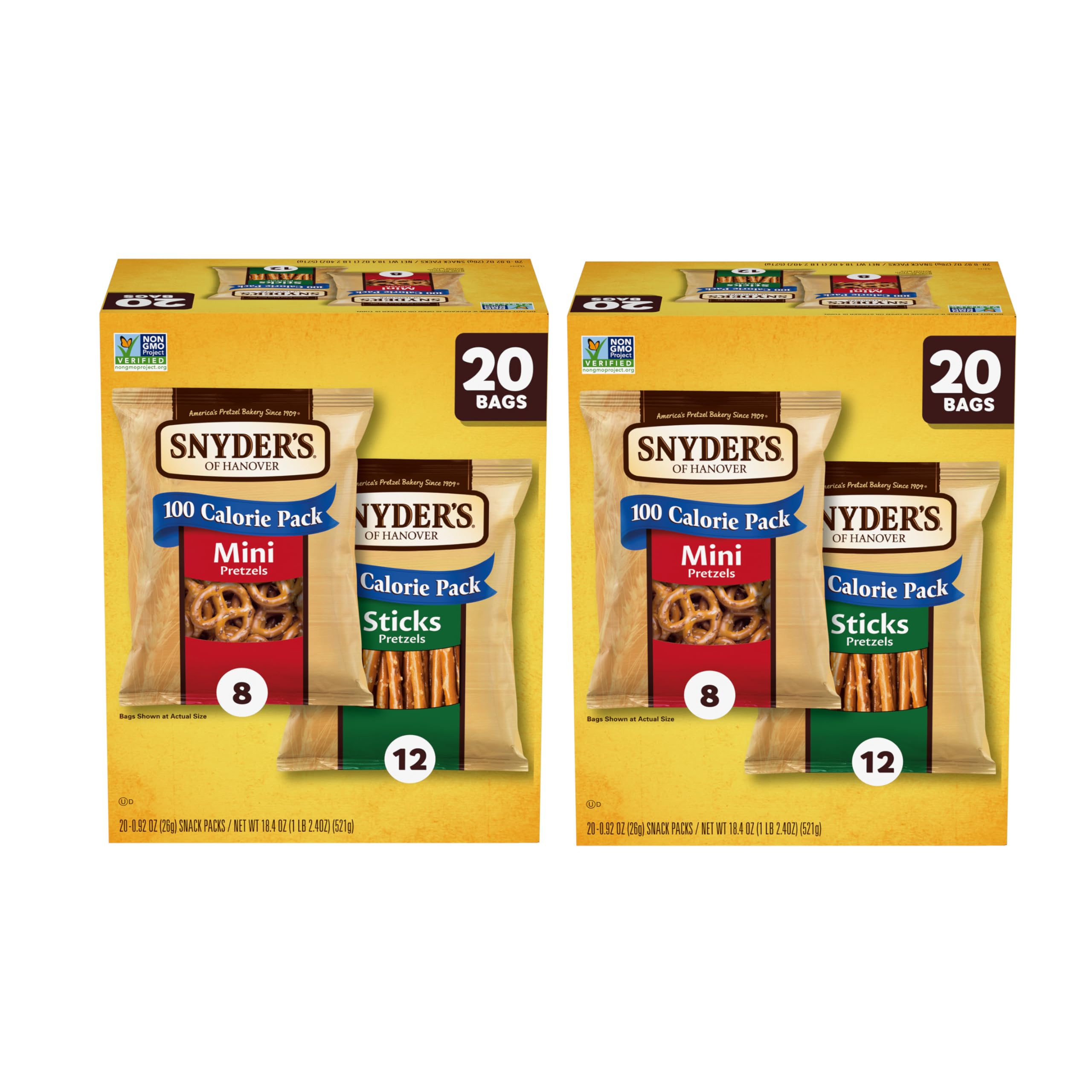 Snyder's of Hanover Pretzels, Minis and Sticks 100 Calorie Packs, 20 Ct Variety Pack (Pack of 2)