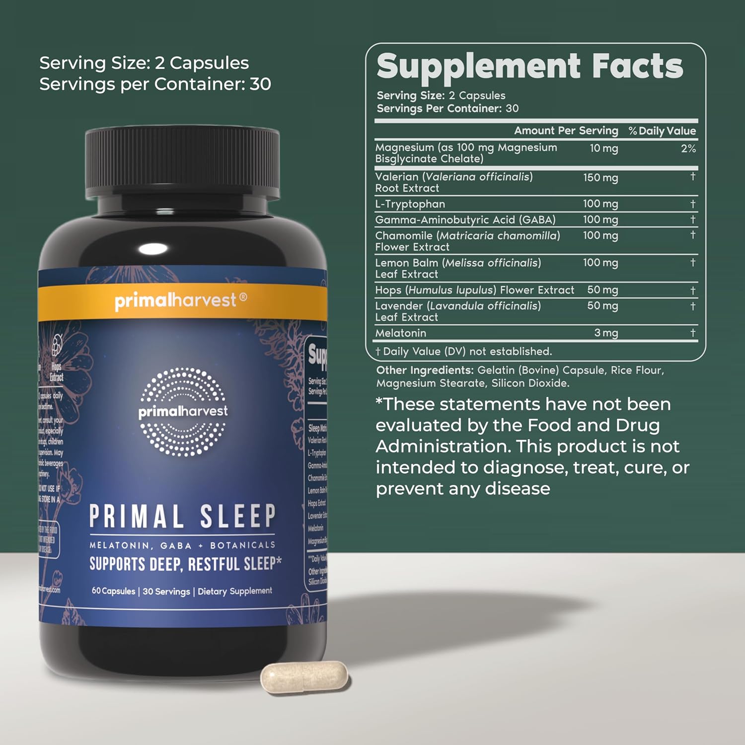 Primal Harvest Primal Sleep Support Supplement for Adults with Melatonin, GABA, Valerian Root, L-Tryptophan, Magnesium Bisglycinate Chelate, and Chamomile for Deep Restful Sleep - Image 2