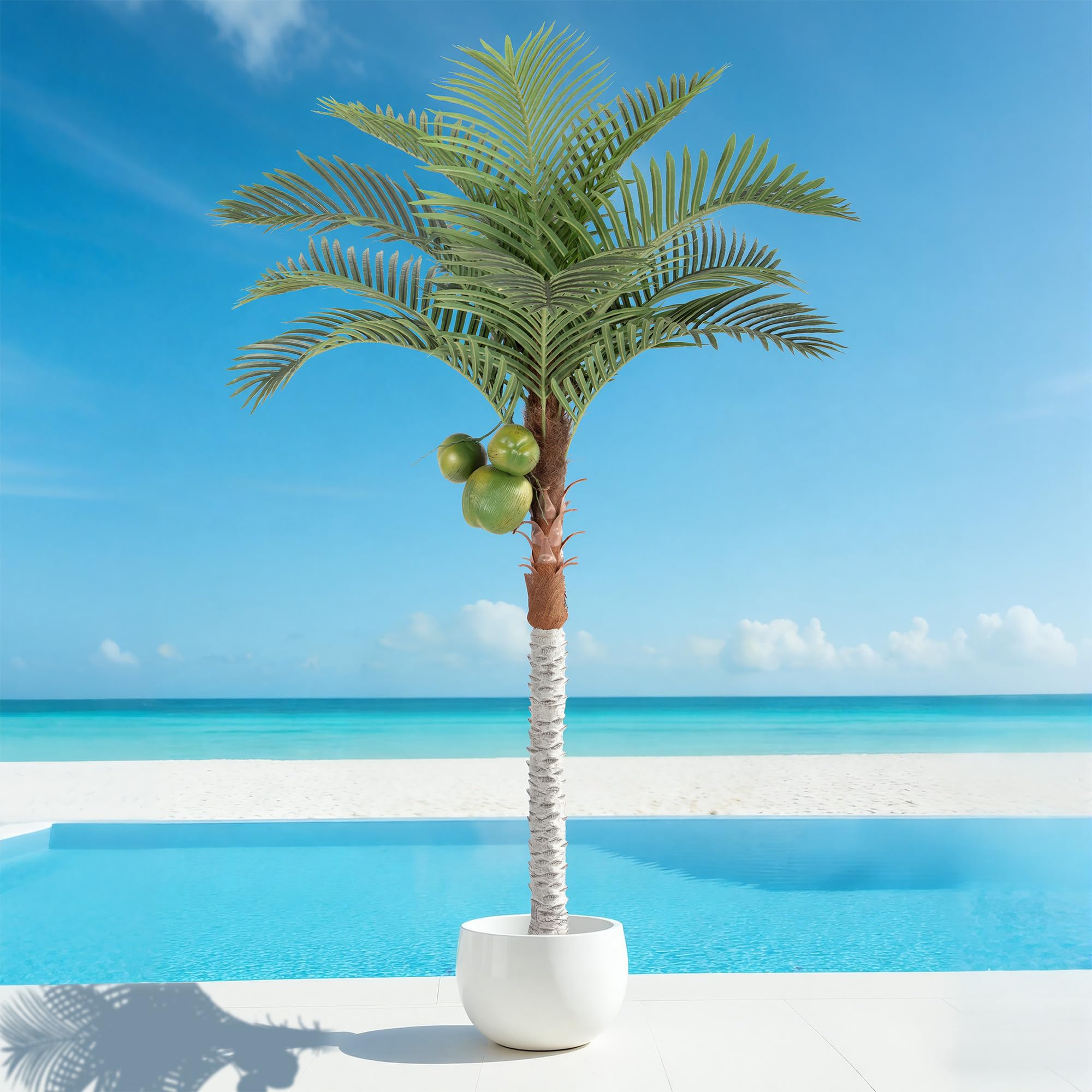Bellacat 214cm UV-beständige Künstliche Palmen mit Kokosnussfrüchten, Kunst Palme Outdoor mit Volleren Blättern, Kunstpflanze Kokospalme für die Dekoration von Poolbereich, Terrasse und Wohnzimmer
