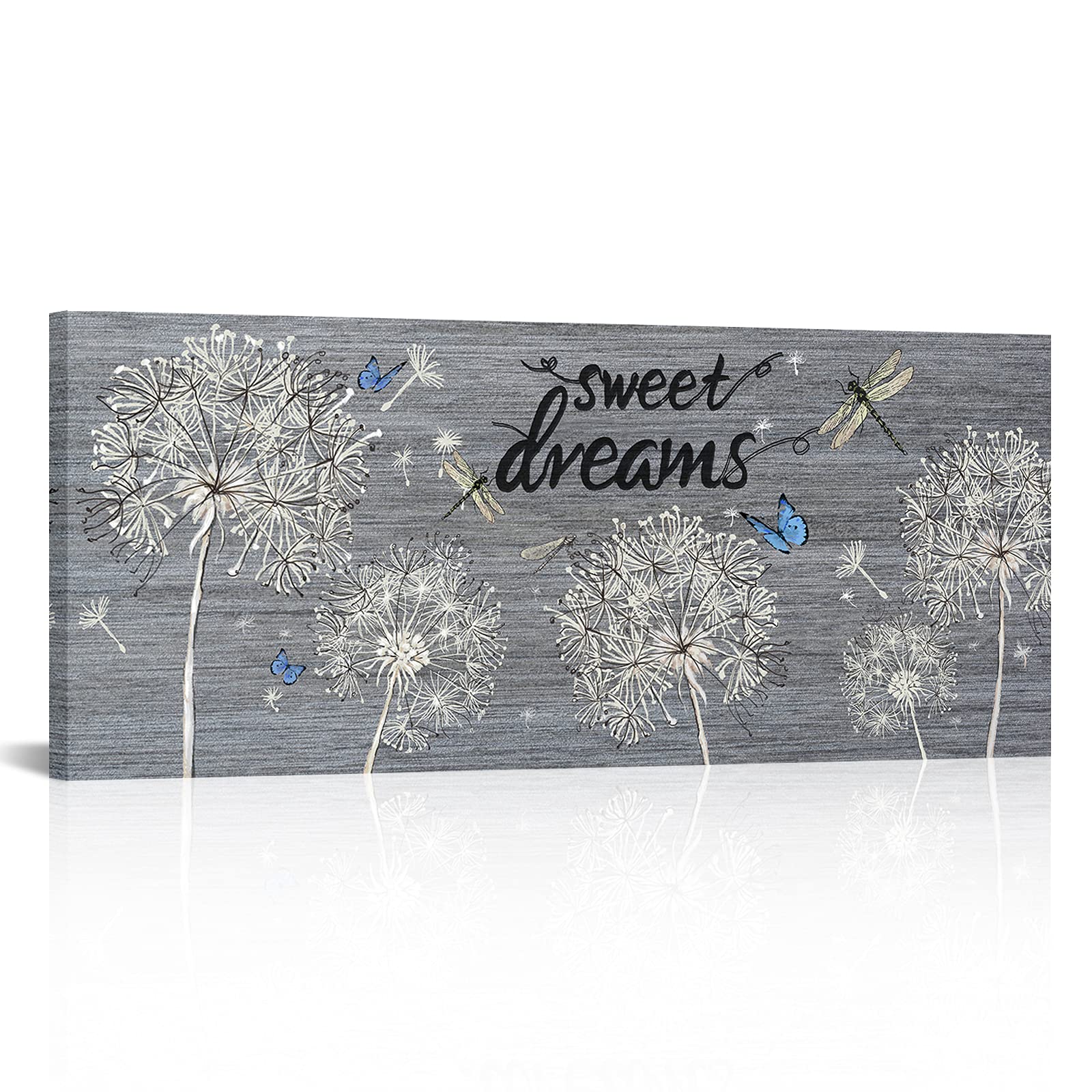 Kalormore Bedroom Wall Decor Picture Vintage Dandelion Flowers with Butterfly and Dragonfly Sweet Dreams Words Rustic Grey Wooden Textured Canvas Prints Wall Art for Living Room Kids Nursery Room