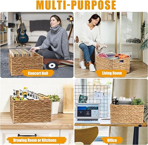 Miniatura 6 de Caja de almacenamiento de discos de vinilo de mimbre, organizador de almacenamiento decorativo de LP, soporte plegable para discos de vinilo tejido