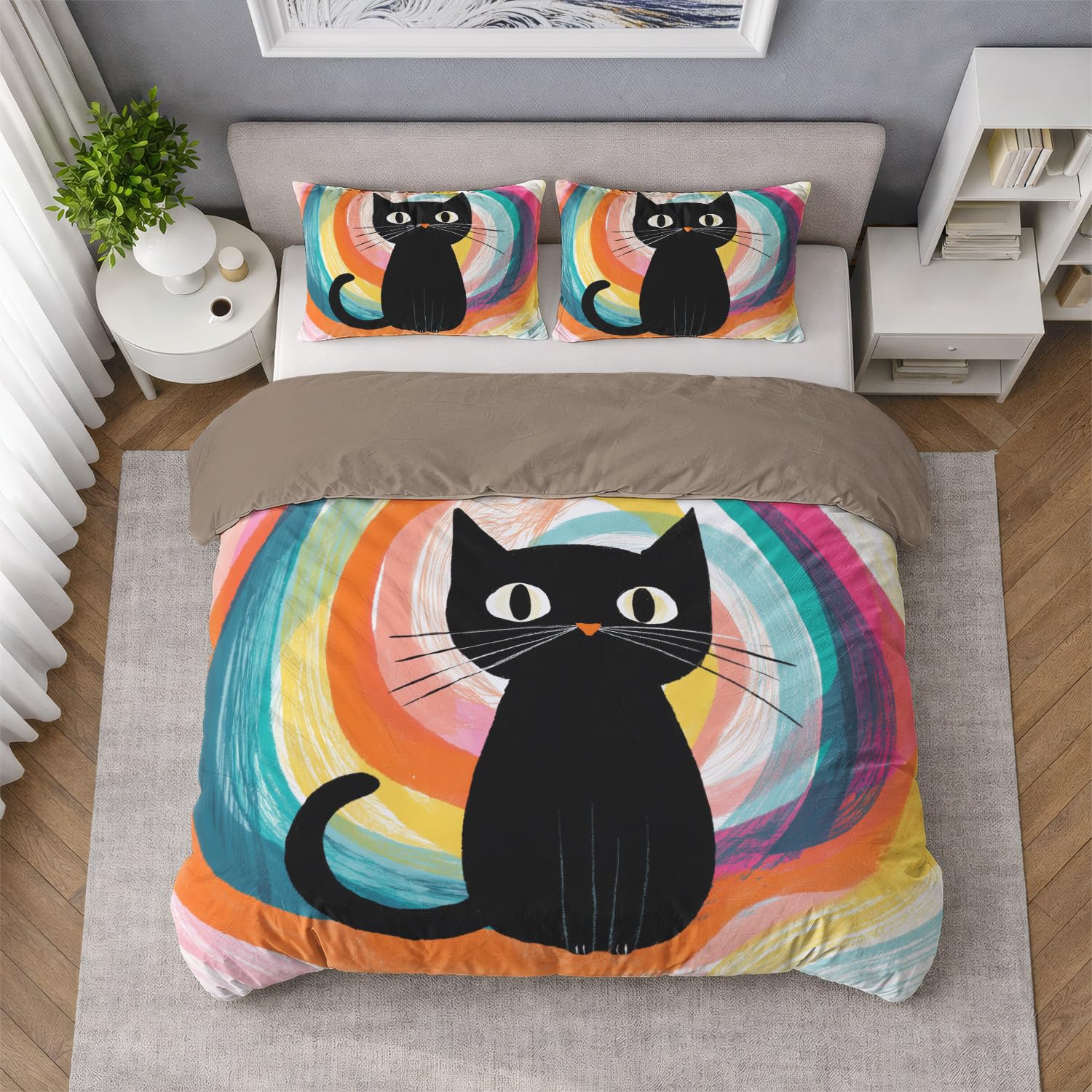 Kreskówka podwójna poszwa na kołdrę 240 x 220 cm miękka mikrofibra zestaw poszewek na kołdrę czarny zabawny kot wielokolorowy druk cyfrowy pościel dla młodzieży i dorosłych z dwoma poszewkami na