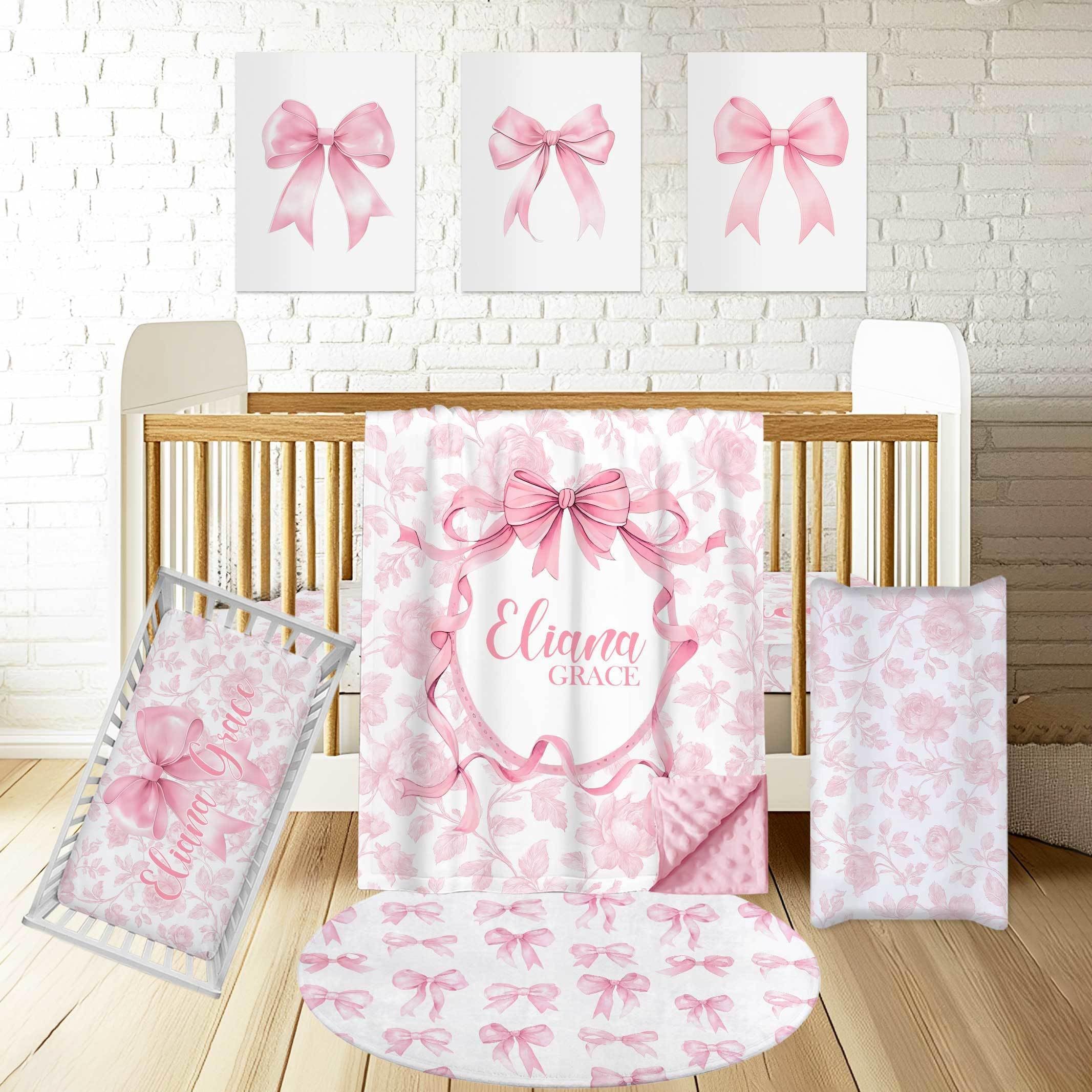 Personalized Baby Crib Bedding Set Custom Name 4 Pcs Pink Bow Nursery Set with Minky Blanket Fitted Sheet