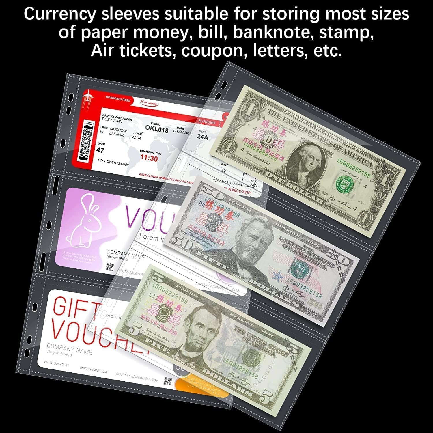 Lewano Currency Sleeves for Collectors - Acid-Free Plastic Currency Sheets, Punched Currency Album Pages for Paper Money Collection, Dollar Bills, Foreign Currency, or Coupons (30 Sheets) 3
