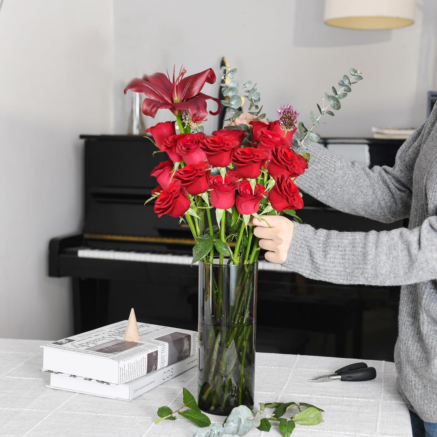 Flower Vase, Non-breakable Vases, 6" W x 16" H, Acrylic Grey Vase, Aesthetic Room Decor Cylindrical Modern Flower Vases for Table Centerpiece, Home Decor, Women Floral Arrangement Gift