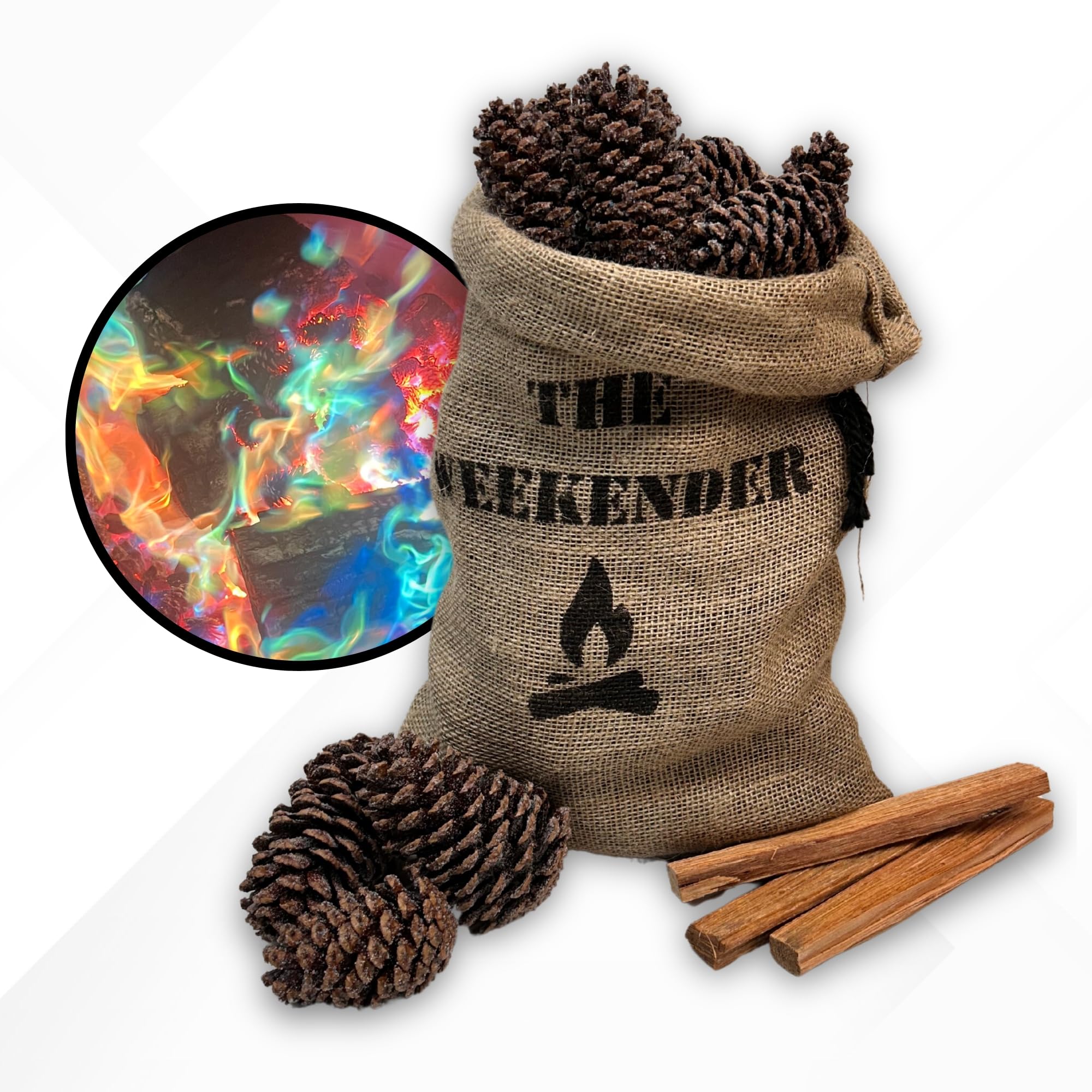 Magic Cones The Weekender Bundle-30 Color-Changing Pine Cones & Fatwood Firestarter Sticks – Perfect for Family Campfires, Bonfires, and Backyard Gatherings – USA-Made, and Fun Fire Enhancer Set