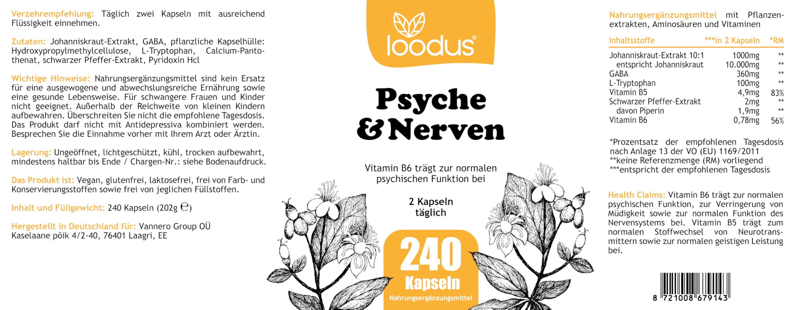 Johanniskraut-Kapseln - 10000mg Johanniskraut hochdosiert aus 10:1 Extrakt (2 Kapseln) + GABA + L-Tryptophan - 4 Monatsvorrat - pflanzlicher Stimmungsaufheller hochdosiert von loodus®