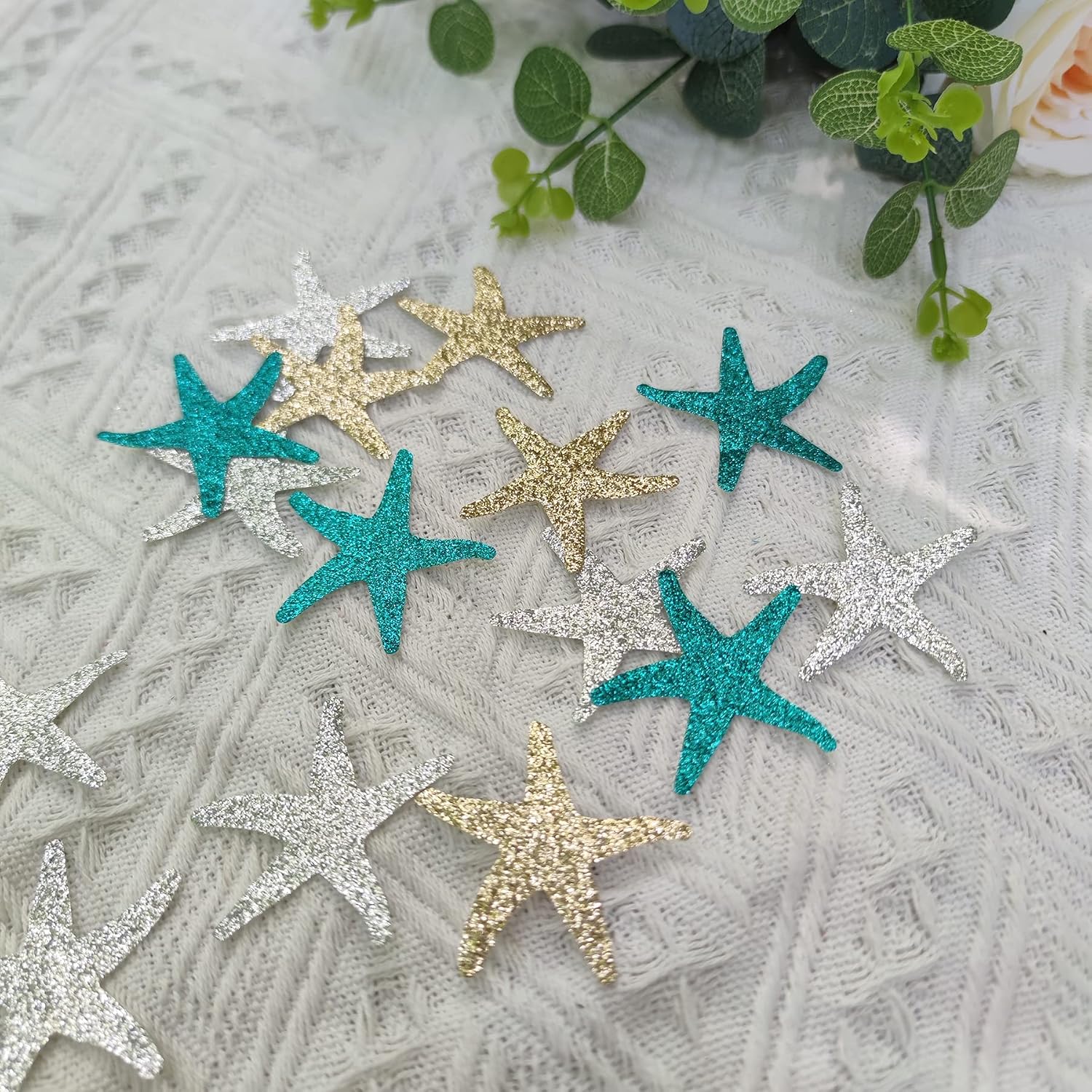 Glitter Paper Starfish Confetti for Birthday Party Table Scatter Beach Theme Party Wedding Decorations DIY Crafts Pack of 150 (teal gold silver)
