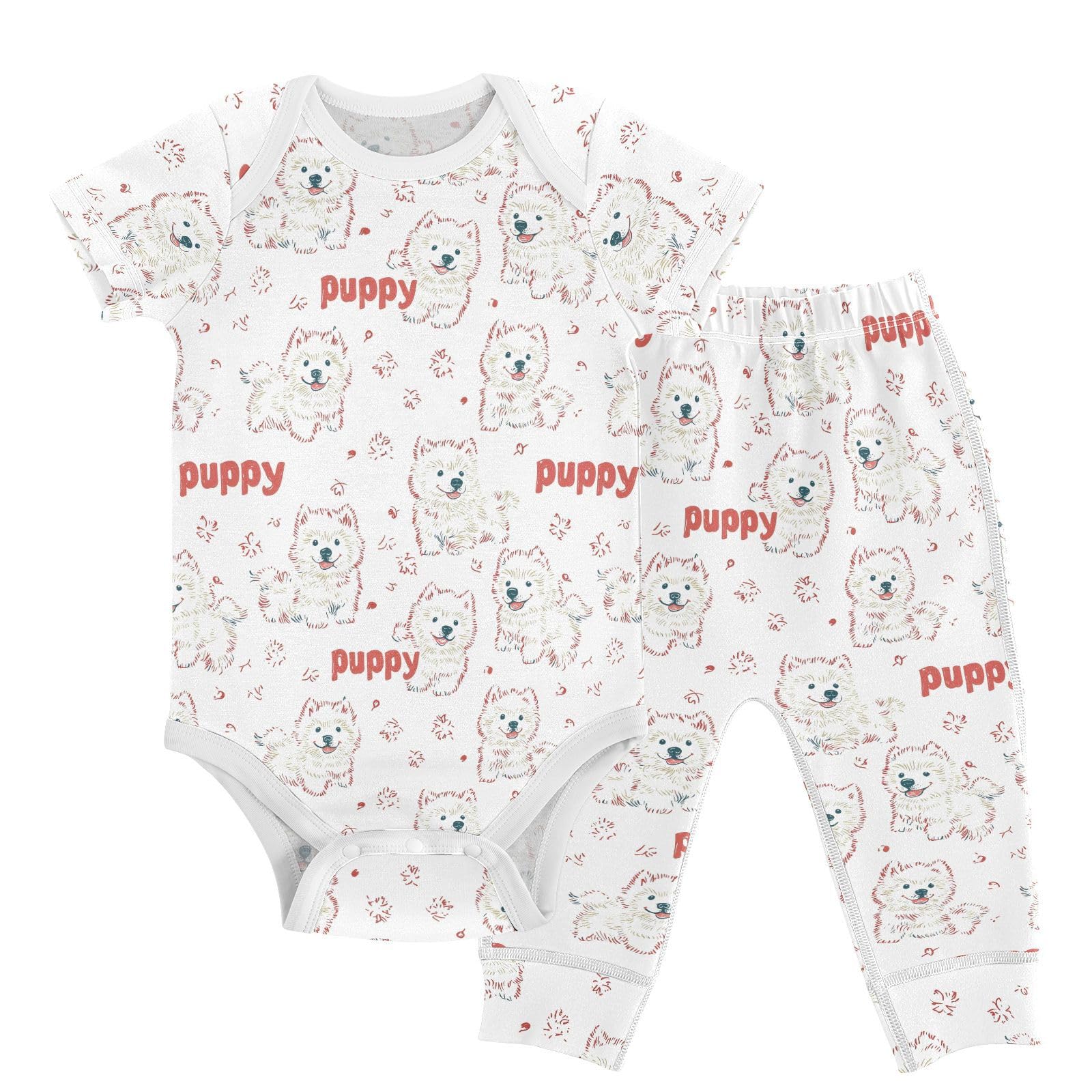 vvfelixl Cute Puppy Samoyed Baby Bodysuits Set,Baby Layette Sets Unisex Short Sleeve Babys Pants Sets 6-9M