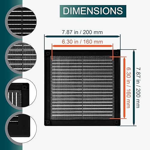 Miniatura 2 de Rejilla de ventilación cuadrada negra de 6 x 6 pulgadas con malla protectora. Registrocubierta de ventilación de plástico ligero. Ventilación para