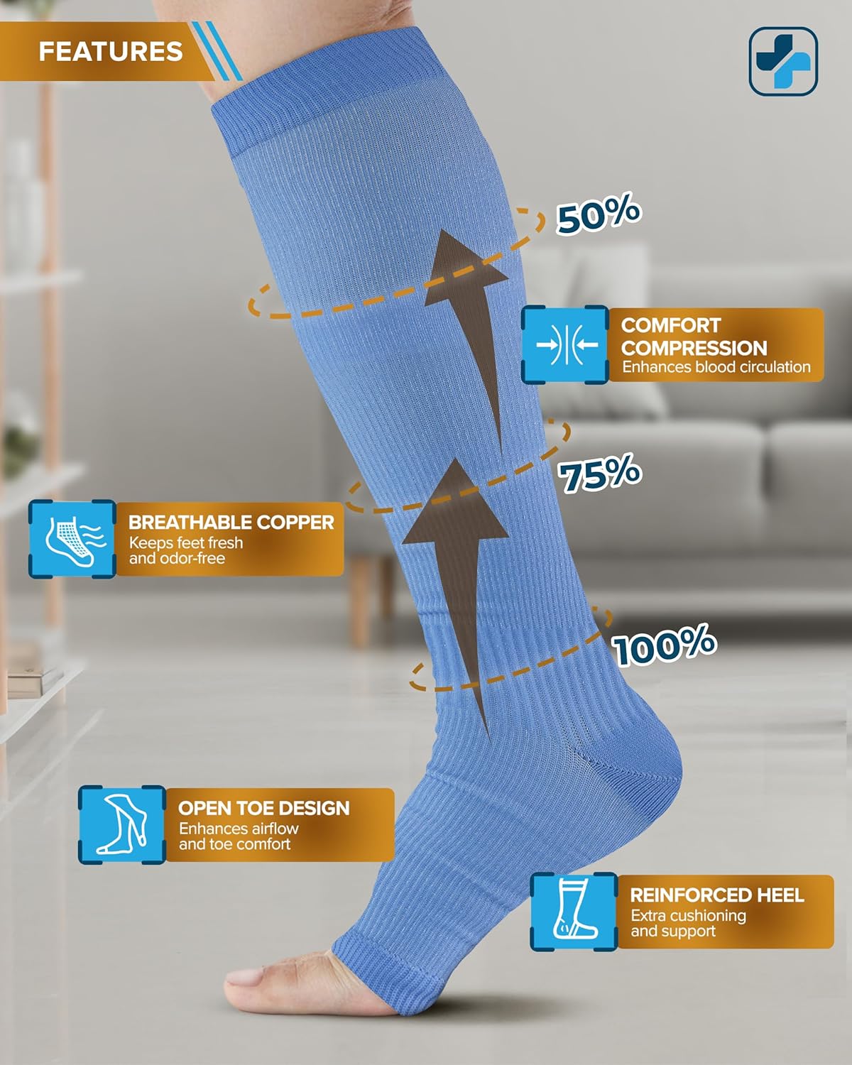 Doctor's Select 3 Pairs Copper Toeless Compression Socks Women & Men - 20-30 mmHg Open Toe Compression Socks Knee High Women - Image 4