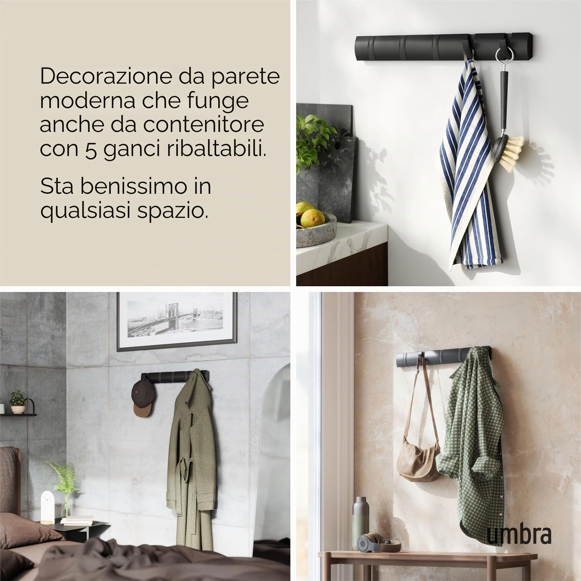 Umbra Flip 5 ganci appendiabiti, moderni, semplici e salvaspazio, con 5 ganci mobili per giacche, cappotti, sciarpe, borse e altro, nero