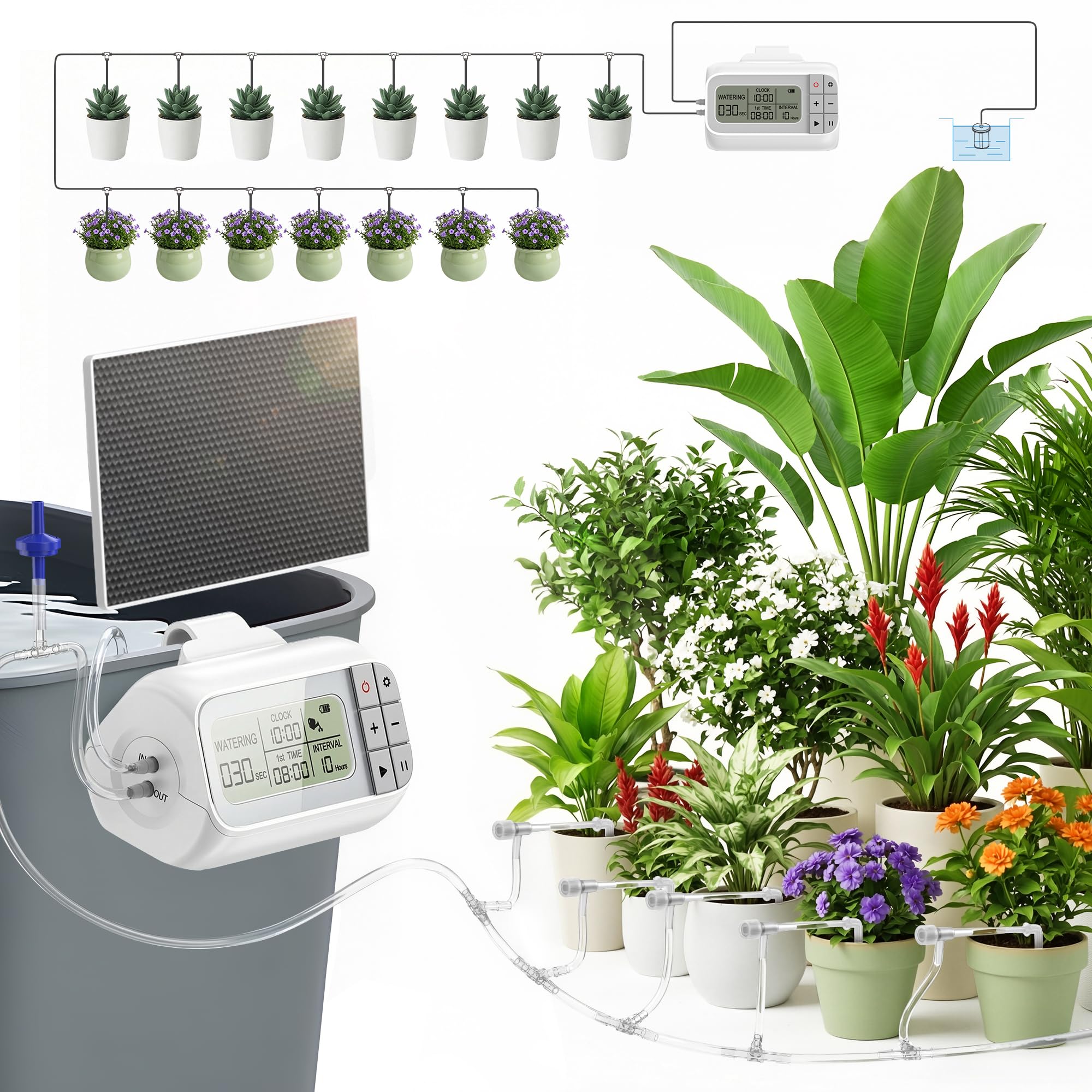 Noctila Automatic Drip Irrigation Kit,Anti-Siphon Valve,DIY Irrigation System,Solar & USB Rechargeable Auto Plant Watering System with Programmable Timer for up to 15 Outdoor/Indoor Potted Plants