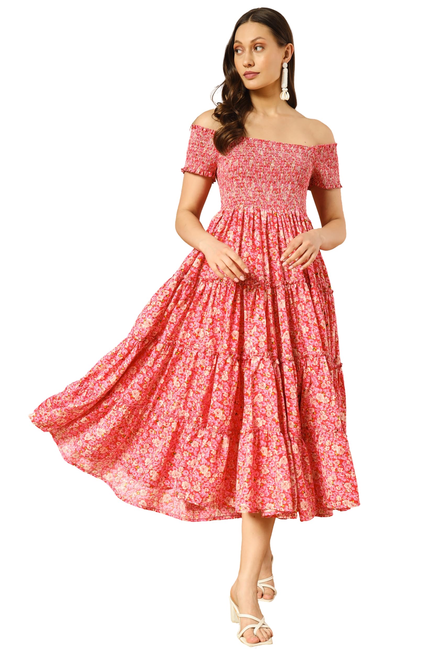 kzully | Multicolored Midi Dress for Women Dress | Smocked Bodice Dress | Off-Shoulder Neckline | Floral Printed Midi Dress for Women's-picture-13