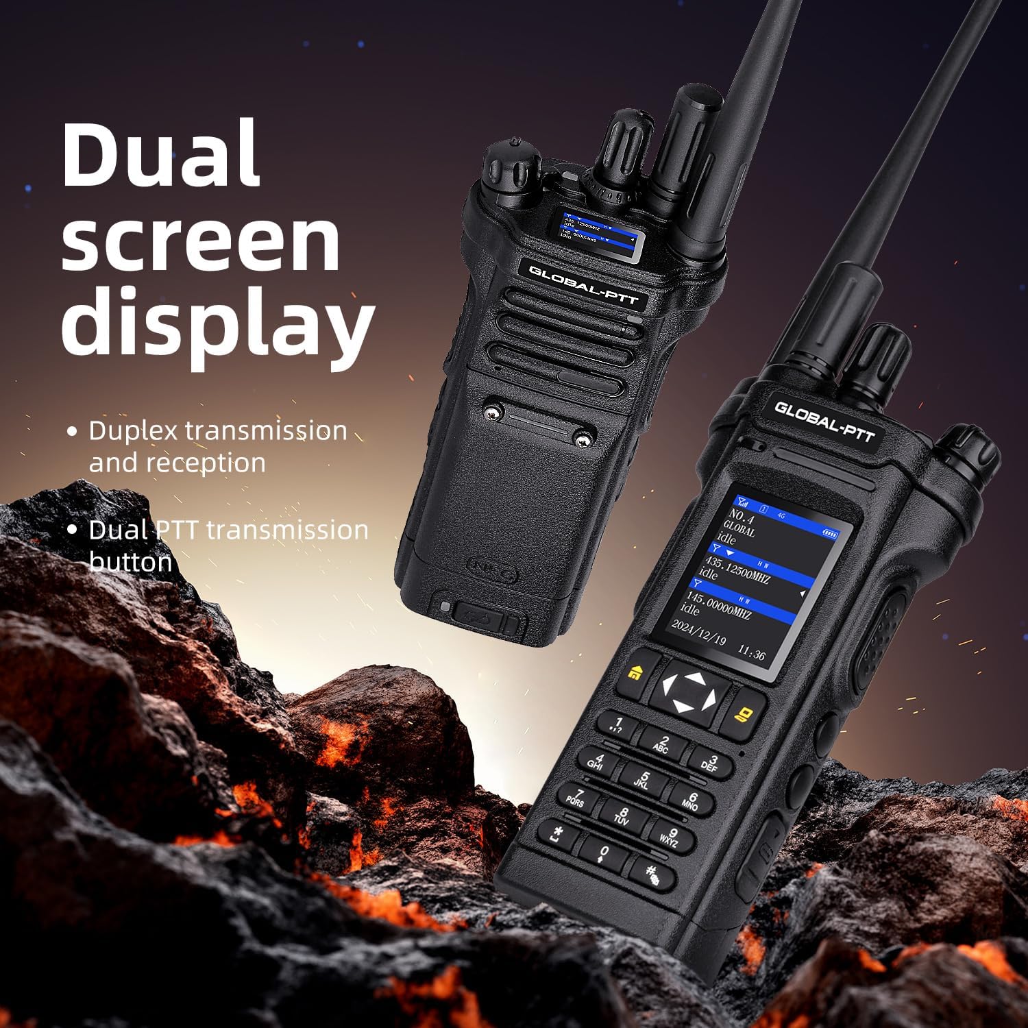 Image showing the dual screen display feature of the GLOBAL-PTT 5288 Plus radio.