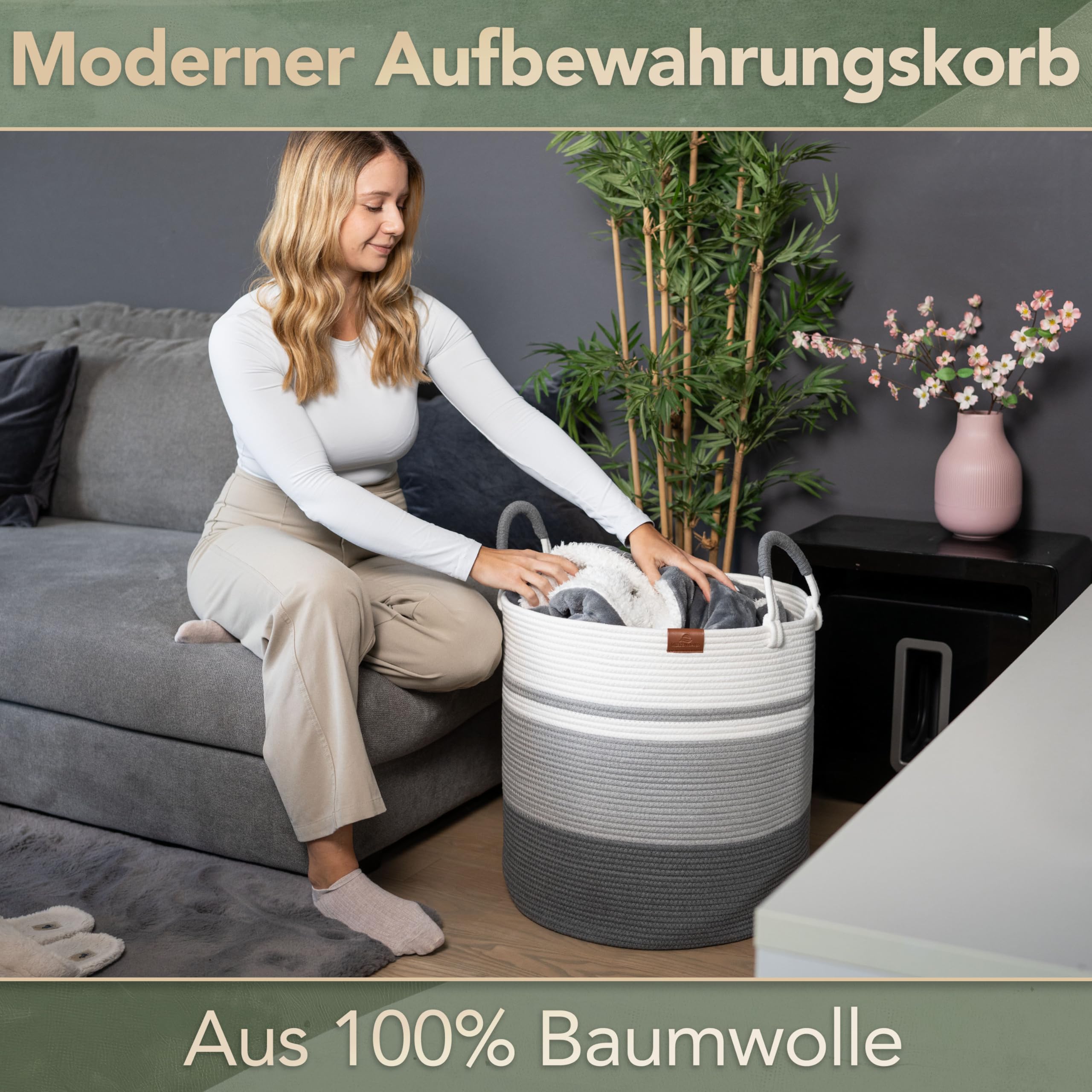 Korb EMILIA Ø46xH48 cm Grau/Weiß/80L, Wäschekorb geflochten aus Baumwolle, Wäschesammler, Aufbewahrungskorb groß, Korb geflochten, faltbarer Wäschekorb, Wäschetonne, laundry basket