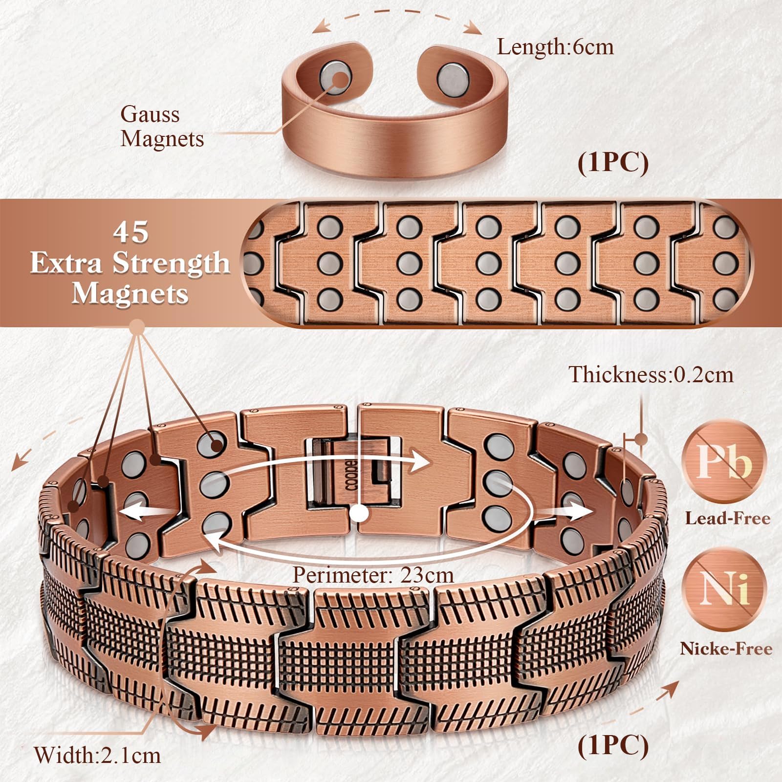 Pulsera de cobre para hombres, pulsera de cobre y magnética, 99,99% cobre puro con imanes de 3500 Gauss, pulsera ajustable para hombres