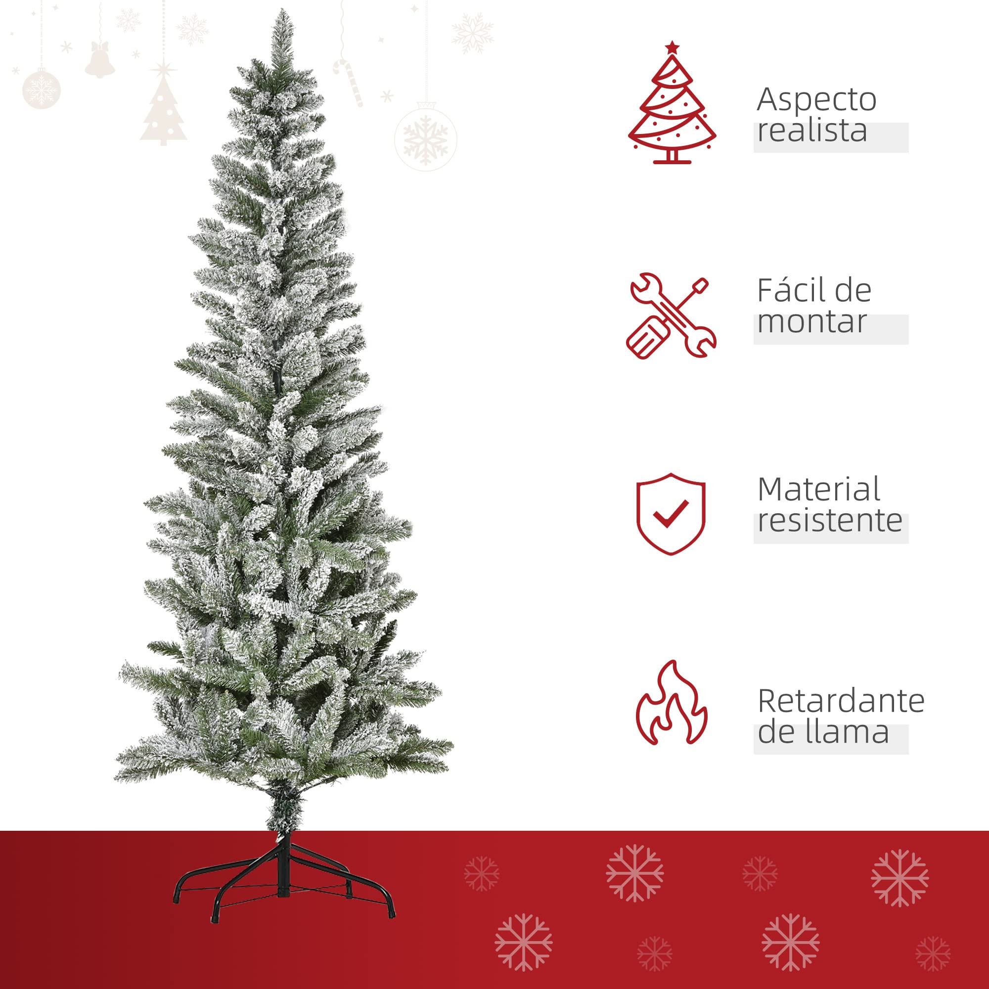 HOMCOM Árbol de Navidad Nevado Artificial 394 Ramas Ø60x180 cm Verde Blanco | Ignífugas de PVC, Apertura Automática, Base Plegable, Soporte de Acero, Decoración Interior, Estrecho y Alto
