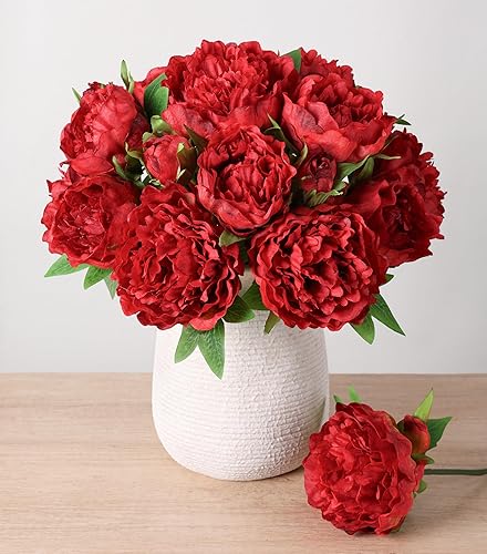florisso Red Peony Artificial Flowers - 11 Branches Silk Peonies