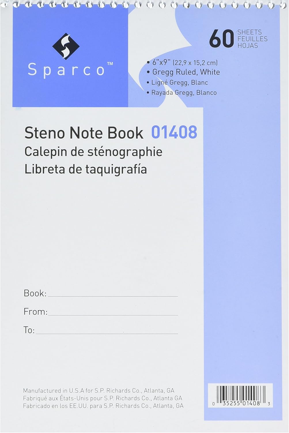 Sparco Steno Notebook, Gregg Ruled, 60 Sheets, 6 x 9 Inches, White (SPR01408