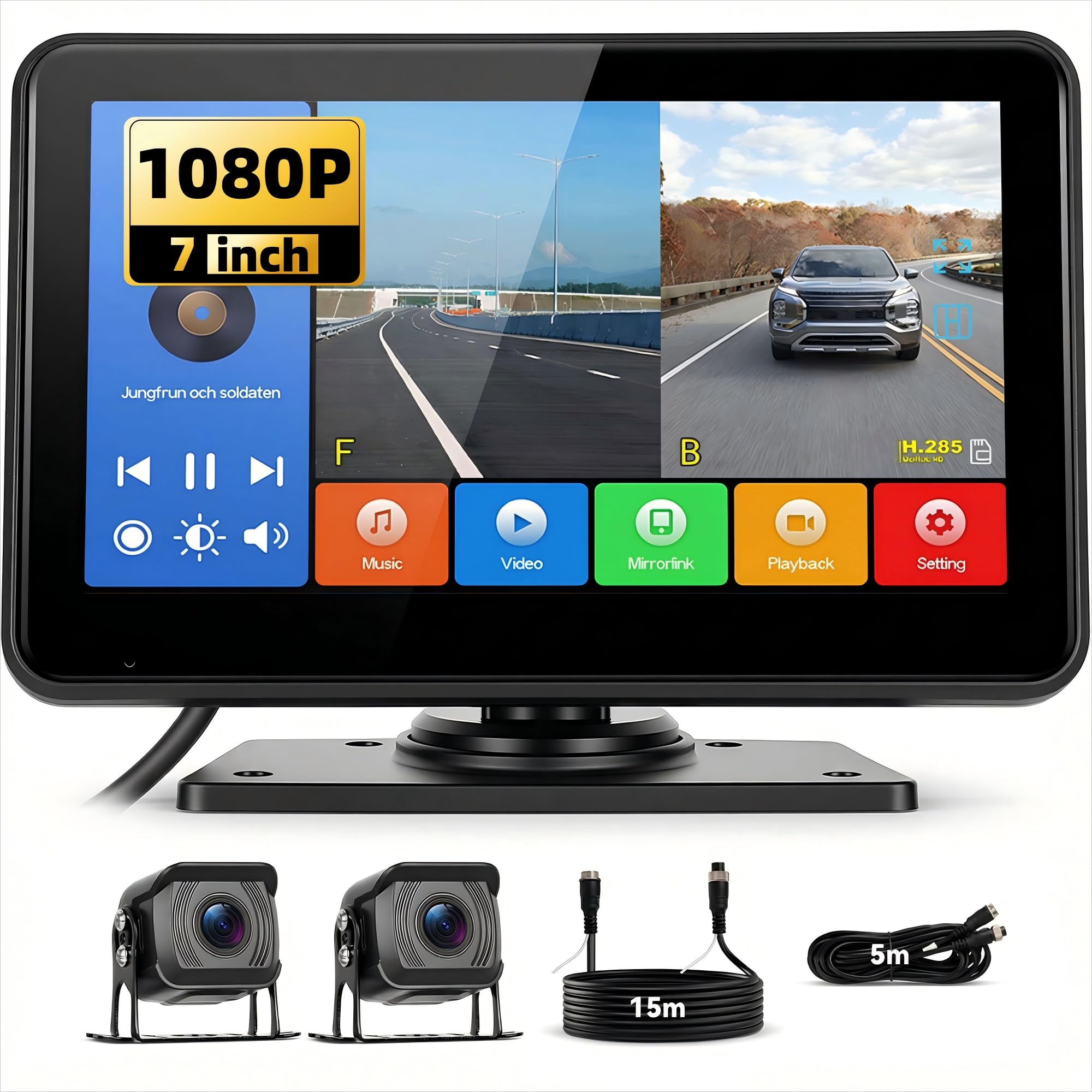SIXWIN Kit 1080P Telecamere Retromarcia Cablata con Touchscreen Monitor 7 Pollici,2 HD Telecamere con Visione Notturna, Impermeabile IP68, Registrazione a Loop, BSD, Camper,Auto, Bus, 9V-36V