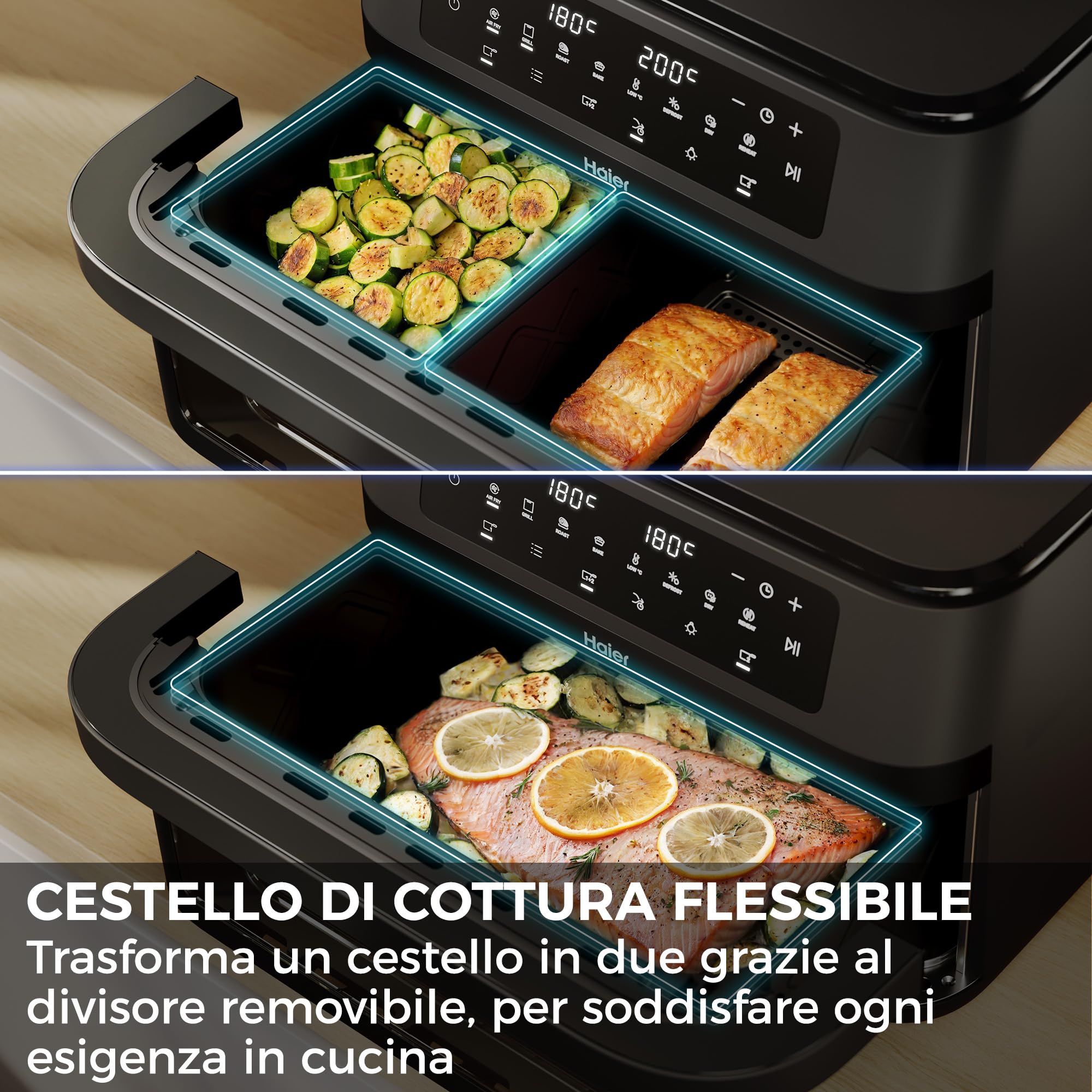 Haier Friggitrice ad Aria Doppio Cassetto 11 Litri con Finestra, 1500W, Doppio Elemento Riscaldante, Luce LED Interna, Controllo Touch, 60-200°C, App hOn, Nero HAF3ADW 011
